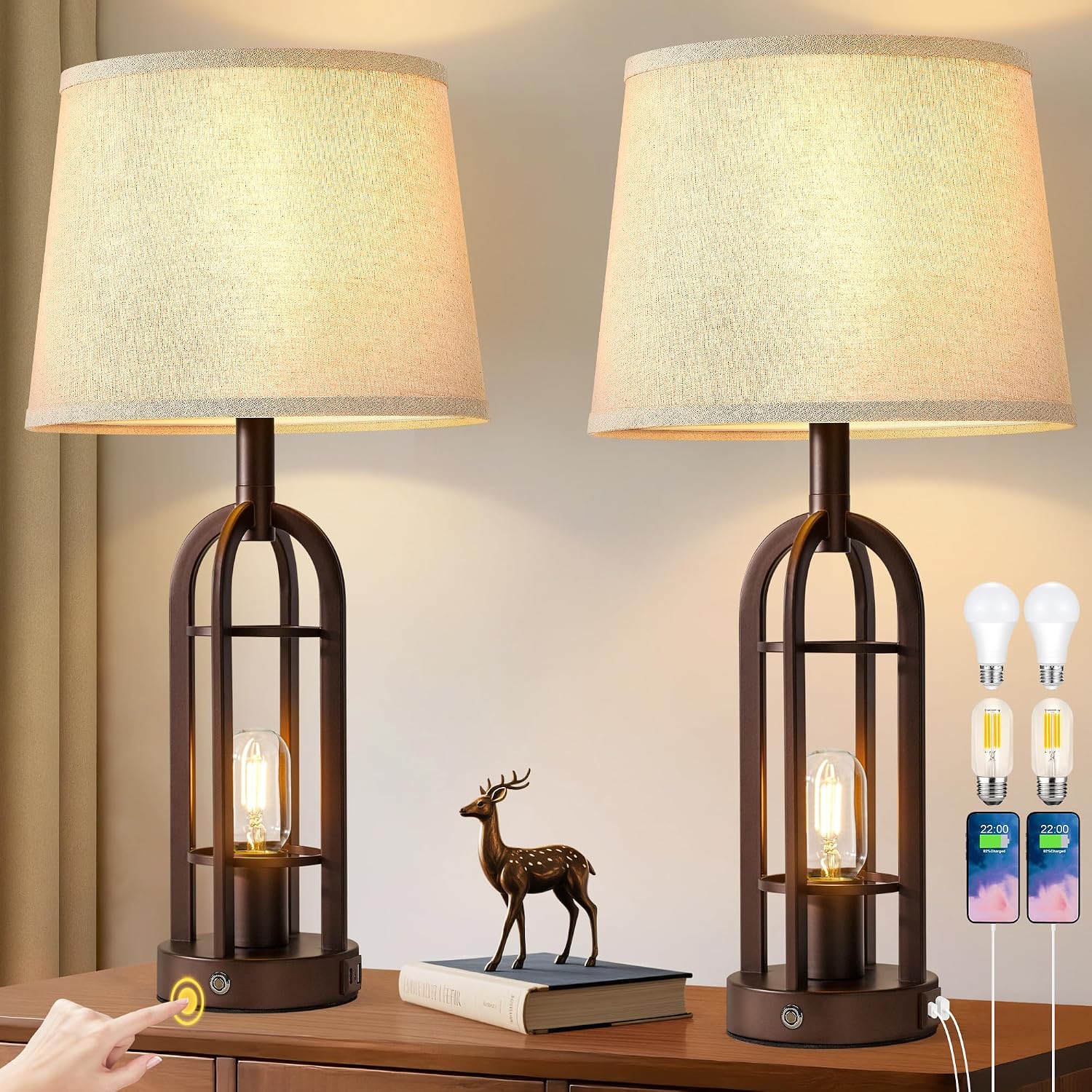 SRJJA 24" Table Lamps for Living Room Set of 2, Rustic Farmhouse 3-Way Dimmable Touch Industrial Bedside Lamps with USB A+C for Bedroom…