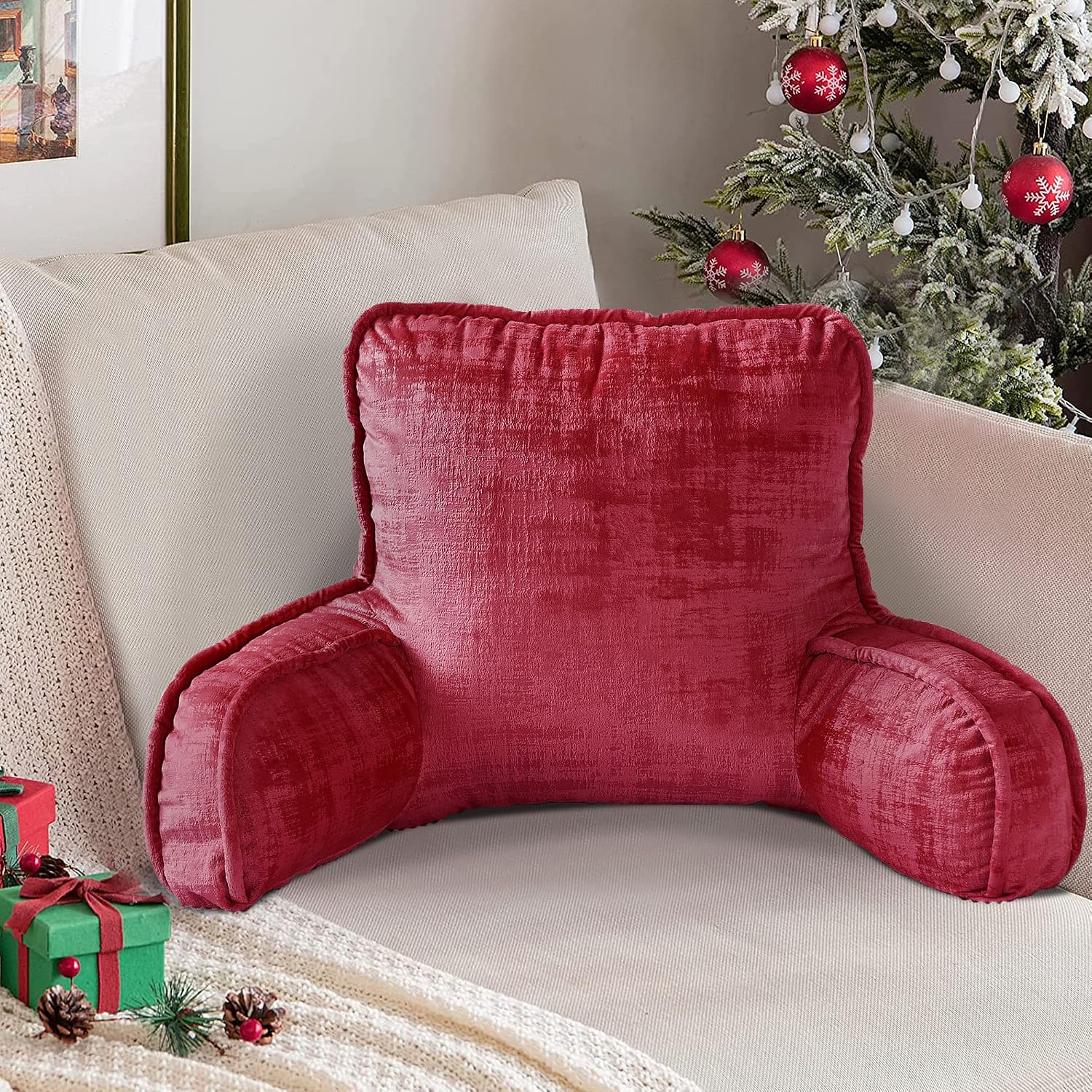 Bytide DIY Assembly Art Velvet Backrest Reading Bed Rest Pillow with Arms & Pockets, 18" H for Sitting in Bed Couch Sofa, Back Support Cush…