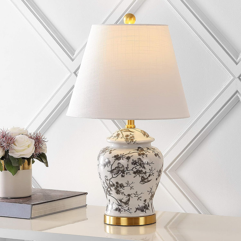 JONATHAN Y 22" Gray/White Ceramic Table Lamp, French Country Chinoiserie Ginger Jar LED Bedside Lamp for Living Room Bedroom, White Linen…