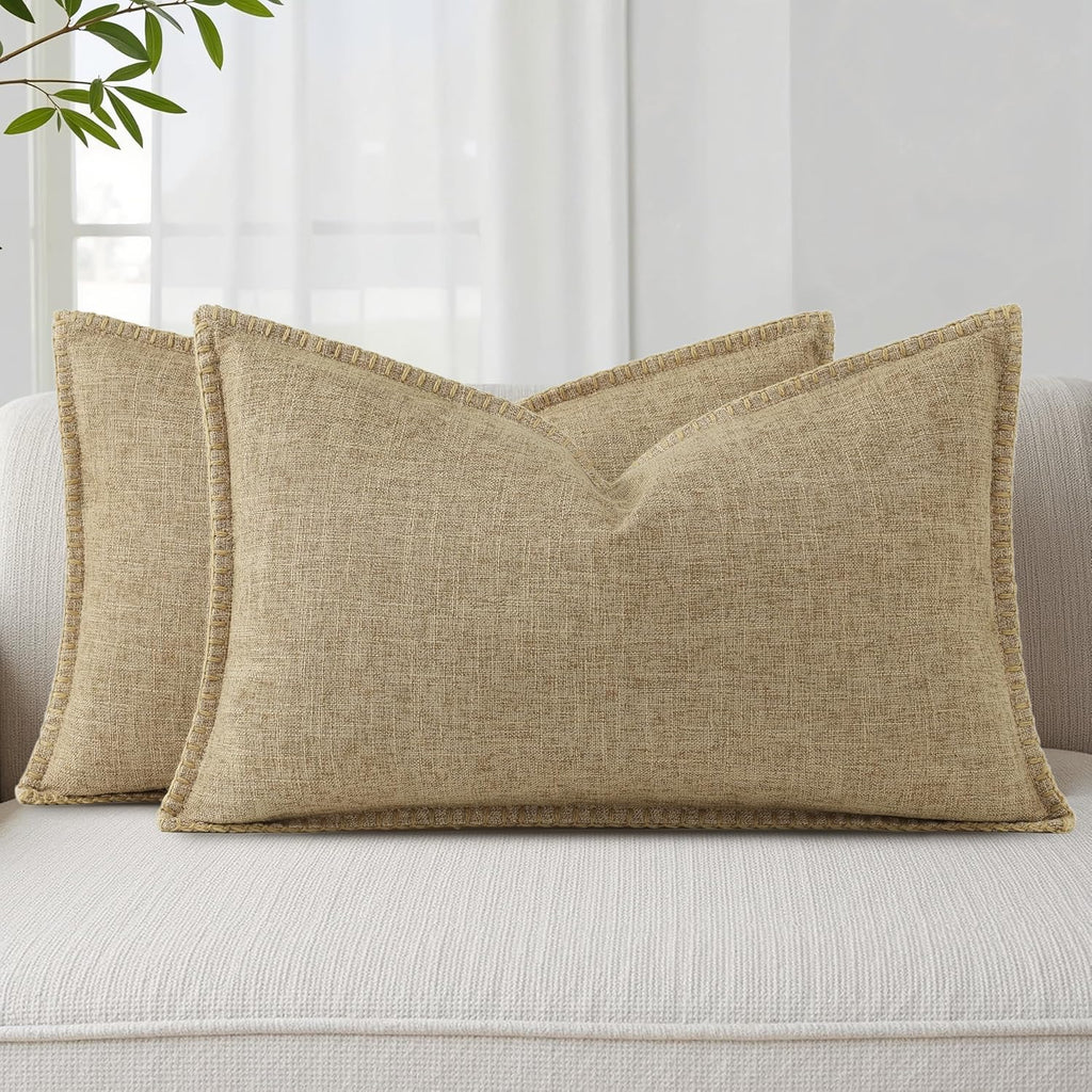 decorUhome Summer Decorative Throw Pillow Covers 12x20 Set of 2 Lumbar Faux Linen Farmhouse Pillow Covers with Stitched Edge Outdoor…