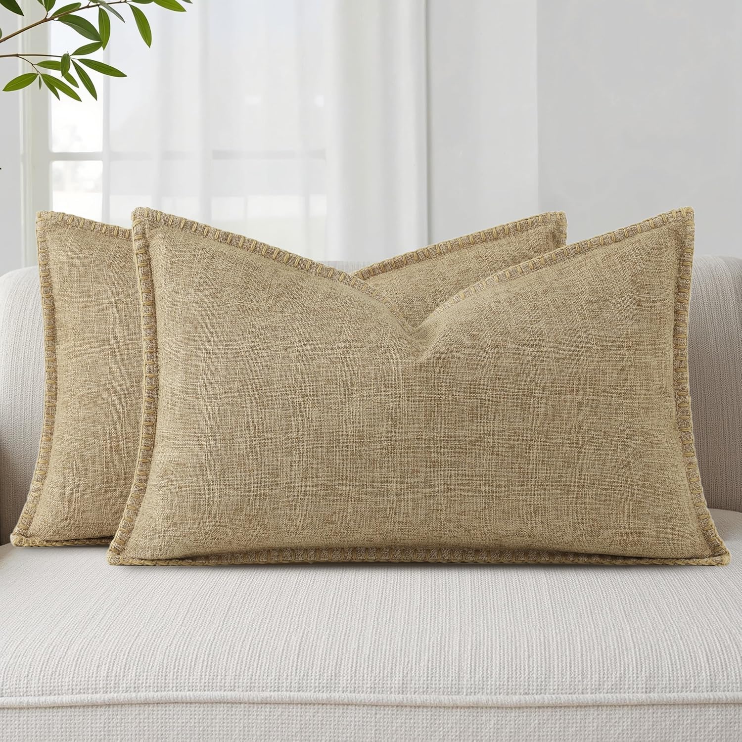 decorUhome Summer Decorative Throw Pillow Covers 12x20 Set of 2 Lumbar Faux Linen Farmhouse Pillow Covers with Stitched Edge Outdoor…