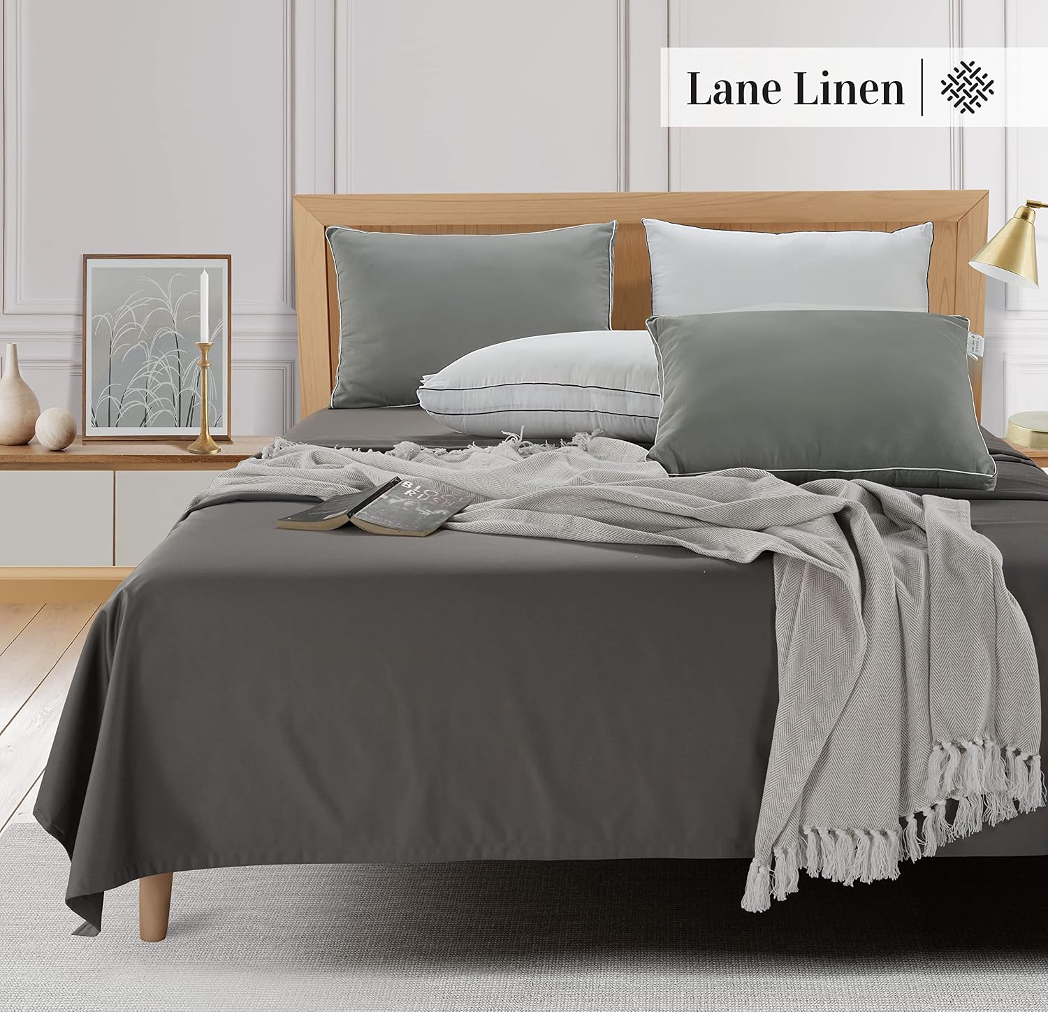 LaneLinen LANE LINEN Bed Pillows Standard Size Set of 4-20"x26" Medium Firm Down Alternative Pillows for Sleeping, Hotel Quality Back Stoma…