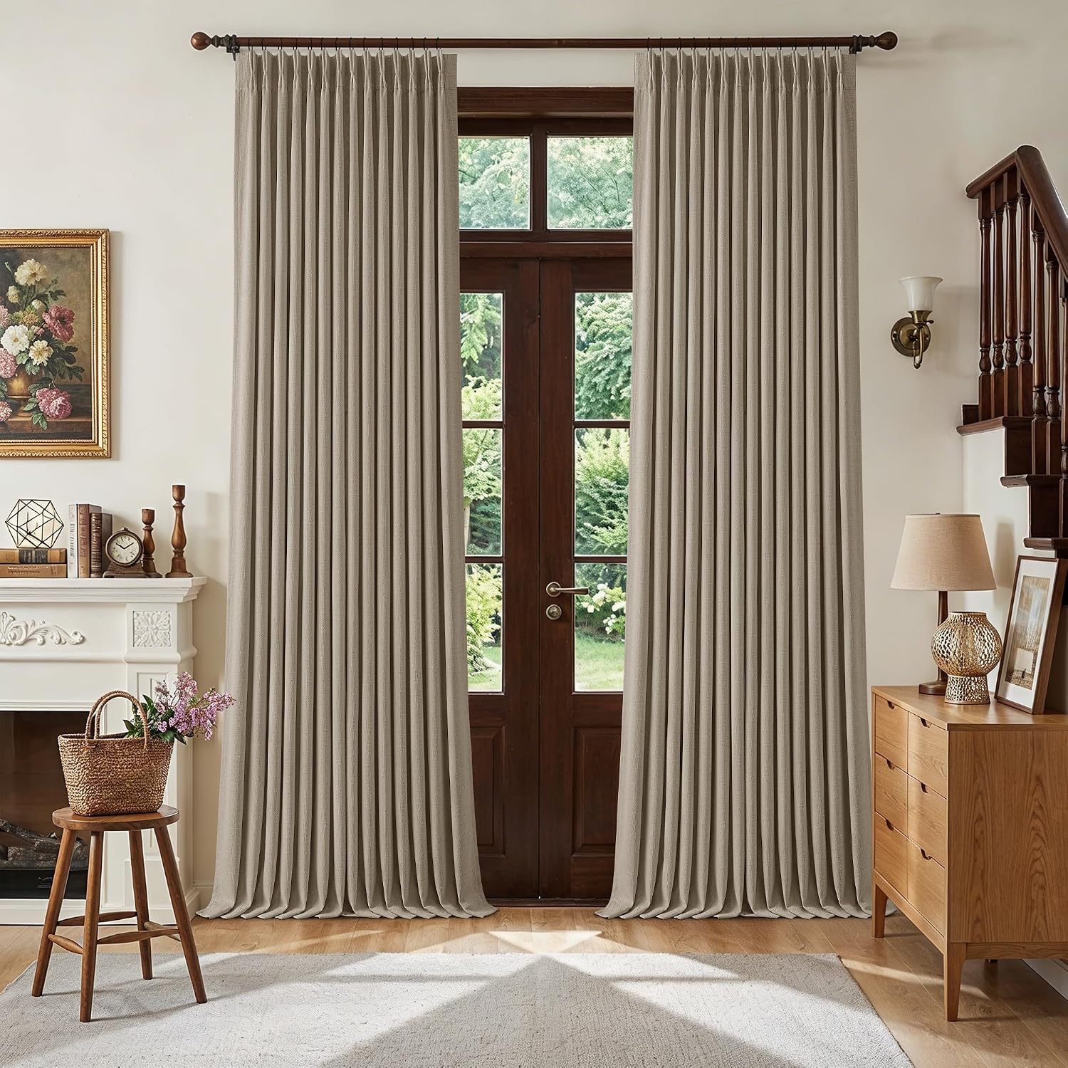Twodrapes Deep Flax Linen Pinch Pleated 100% Blackout Curtains 92 Inch Length 2 Panels Set Greige Light Taupe Pinch Pleat Curtains Black Ou…
