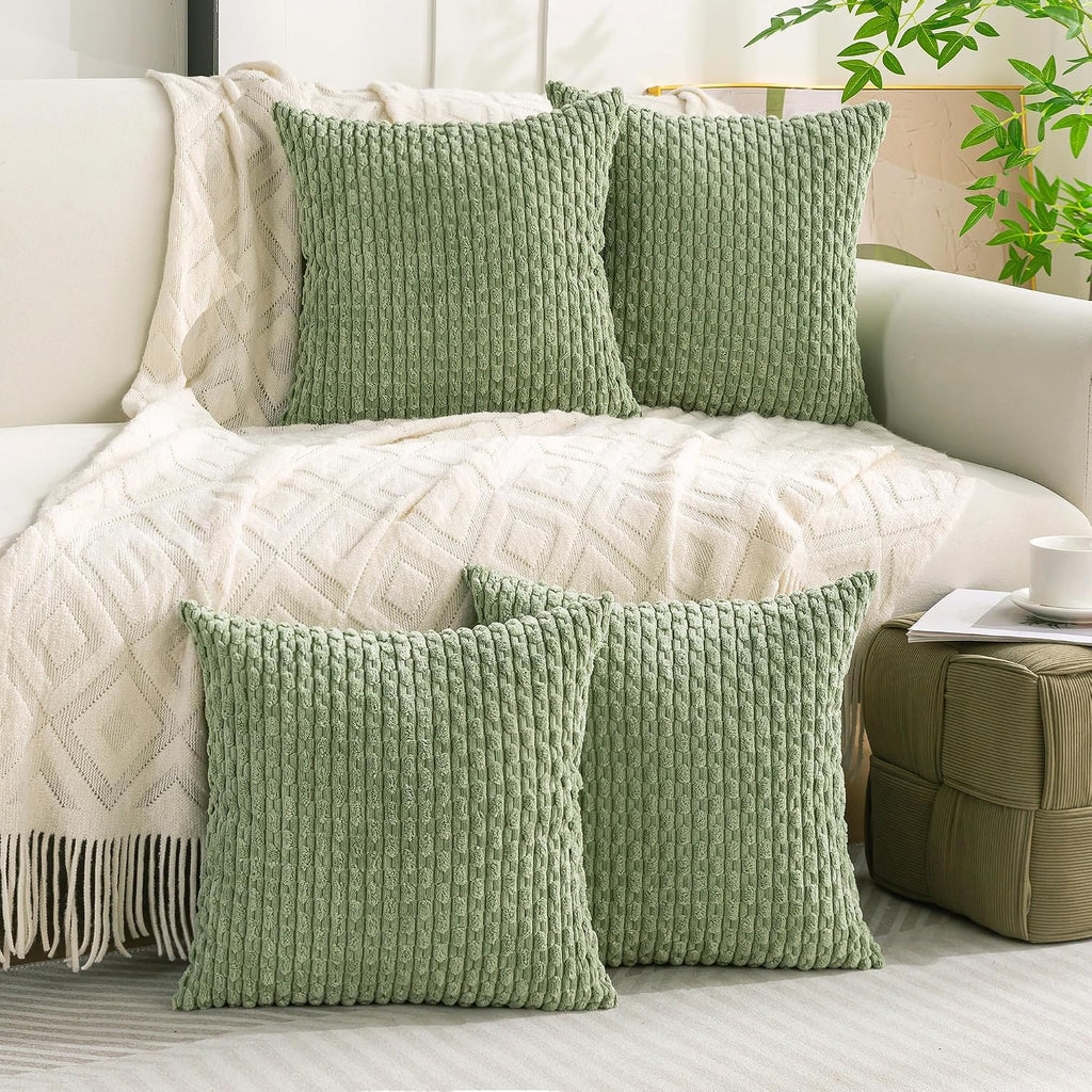 Cozoomy Set of 4 Sage Green Decorative Throw Pillow Covers 18x18 Inch Corduroy Pillow Covers for Bed Couch Sofa Living Room Soft Square Cus…