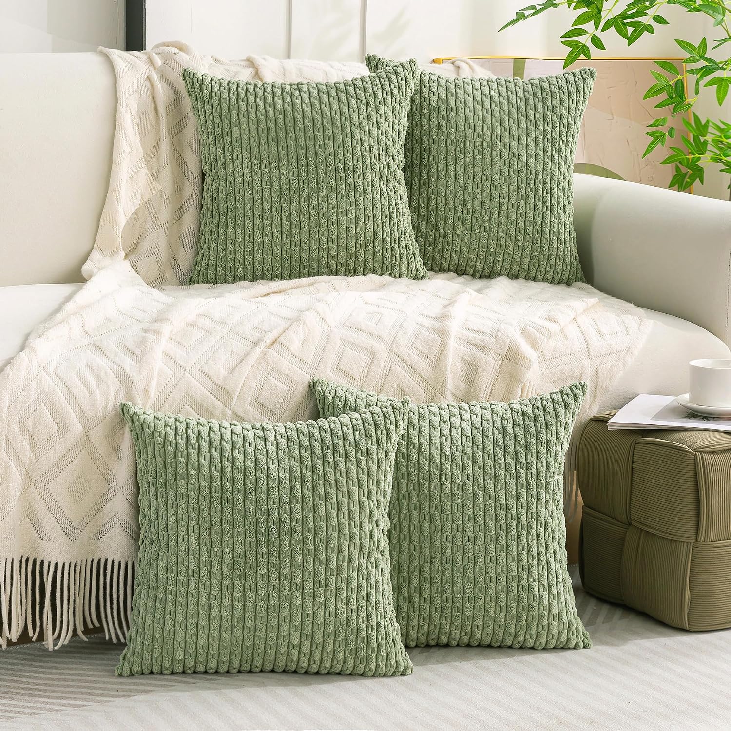 Cozoomy Set of 4 Sage Green Decorative Throw Pillow Covers 18x18 Inch Corduroy Pillow Covers for Bed Couch Sofa Living Room Soft Square Cus…
