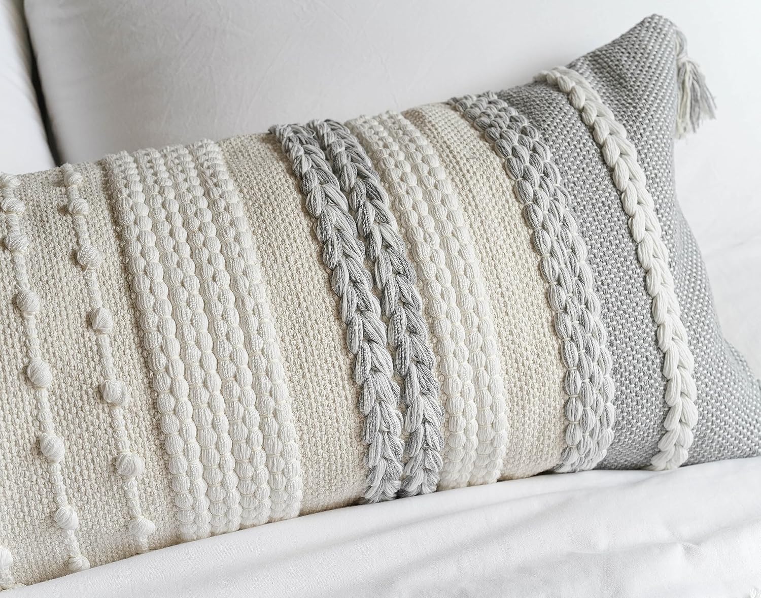 BlissBlush Gray Decorative Lumbar Pillow Cover 14x36, Grey Boho Long Body Pillow for Bed, Farmhouse Lumbar Throw Pillow for Couch, Modern…