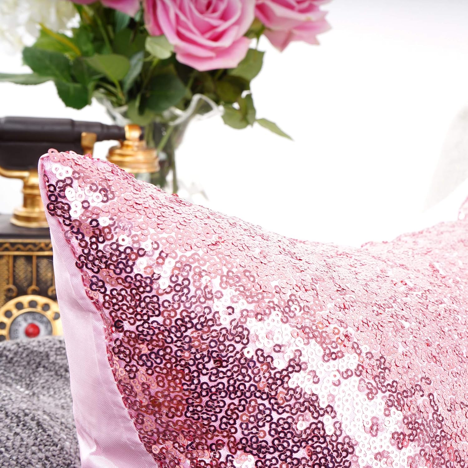 YOUR SMILE Pack of 2 New Luxury Series Pink Bling Decorative Glitzy Sequin & Comfy Satin Solid Throw Pillow Cover Cushion Case for…