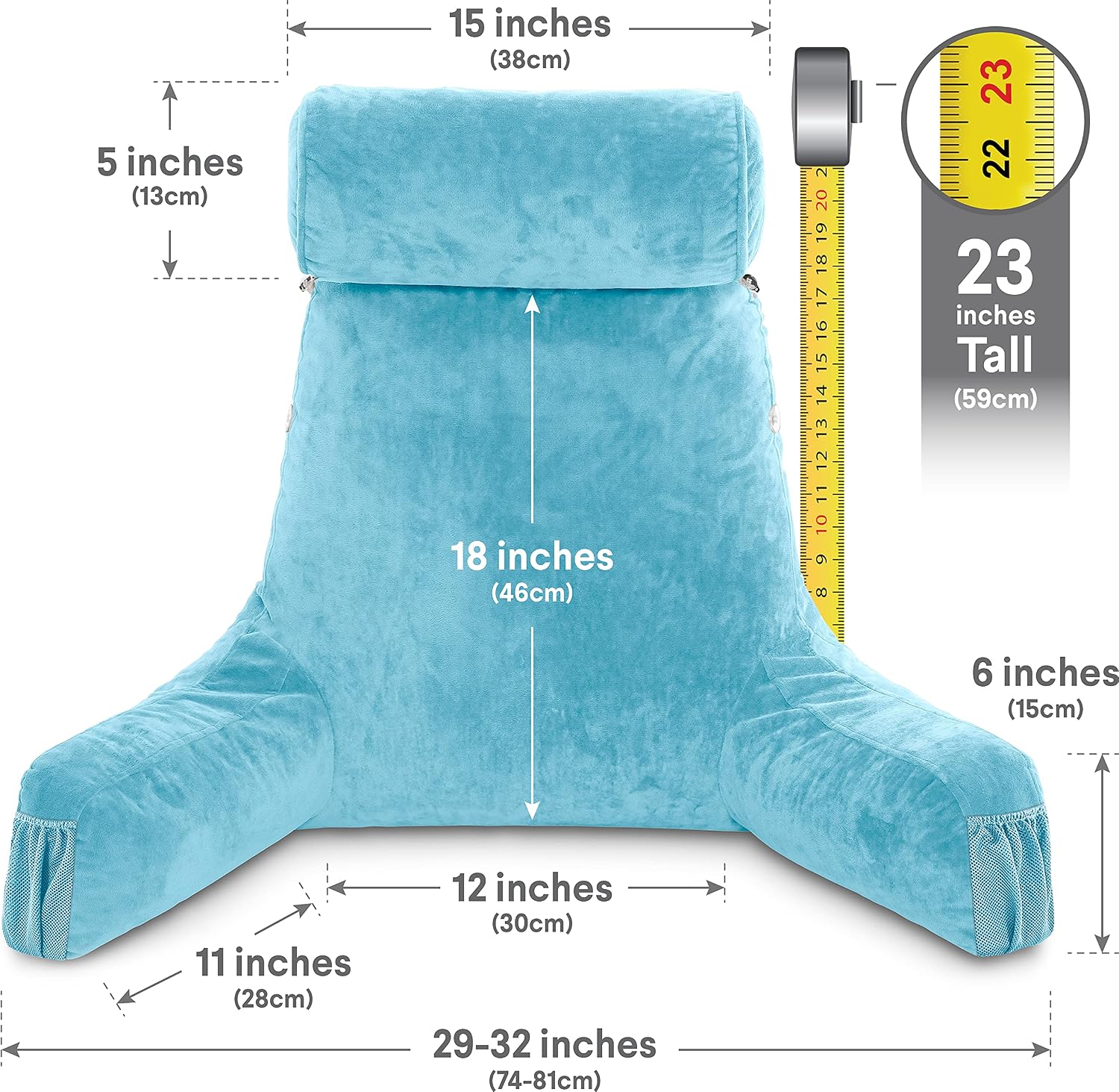 Husband Pillow Medium Reading Pillow with Arms - 23" Backrest for Sitting Up in Bed - Firm Support Bed Rest Pillow for Adults, Neck Roll…