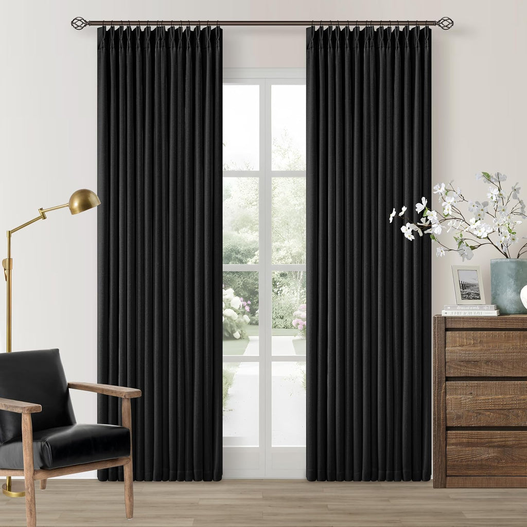 Twodrapes Black Pinch Pleated Blackout Linen Curtains 86 Inches Long for Bedroom Pleated 100% Black Out Drape with Liner Modern Farmhouse M…