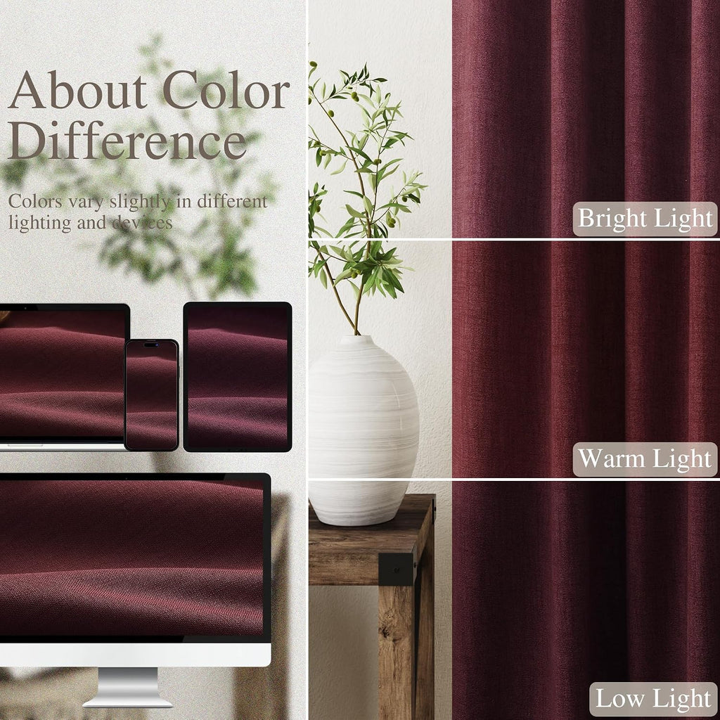 Nanspring Burgundy 100% Blackout Linen Curtains for Bedroom 90 Inches Long Back Tab Thermal Insulated Vintage Rustic Decor Black Out Curtai…