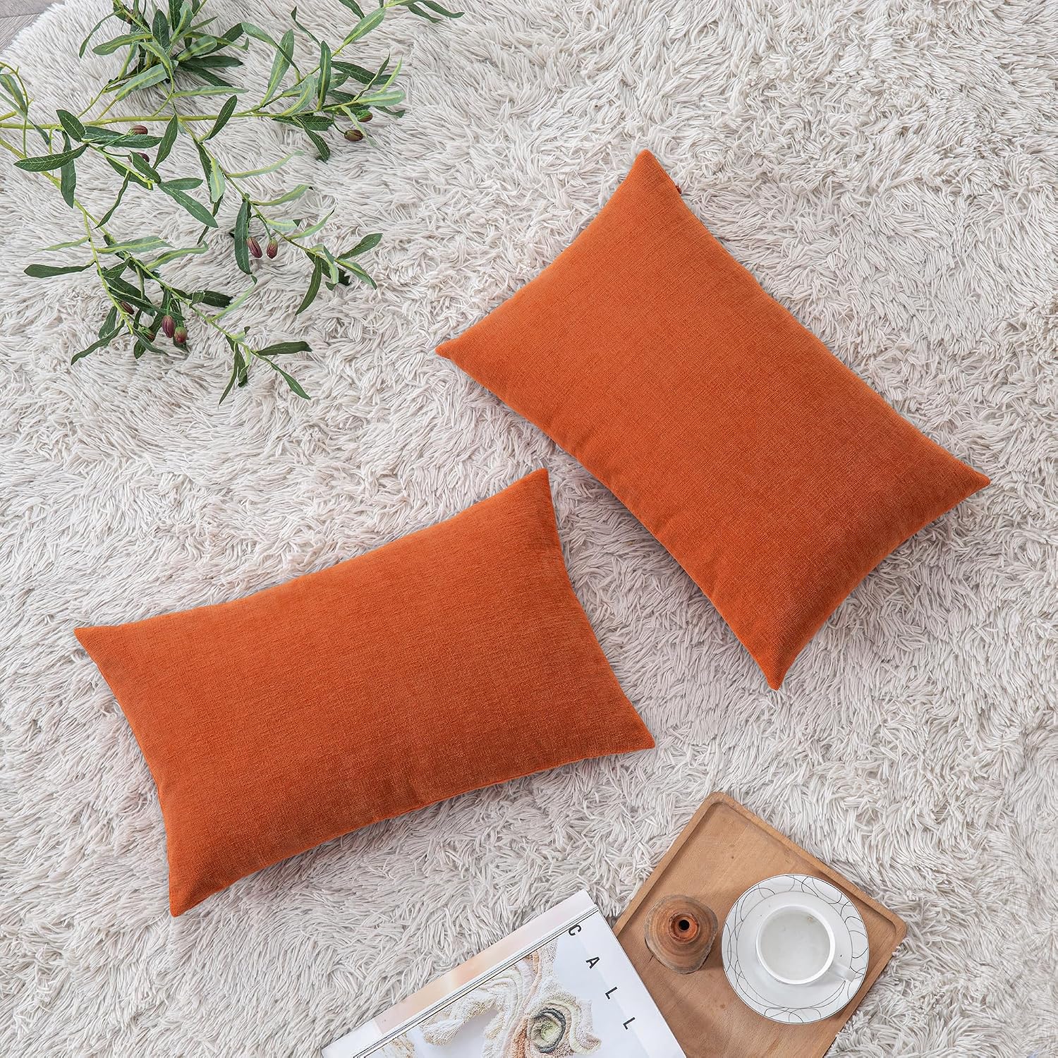 Gawamay Lumbar Pillow Decorative Rectangle Throw Pillow Covers 12"x20" Inch Set of 2, Super Soft Chenille Pillowcase for Living Room Bedroo…