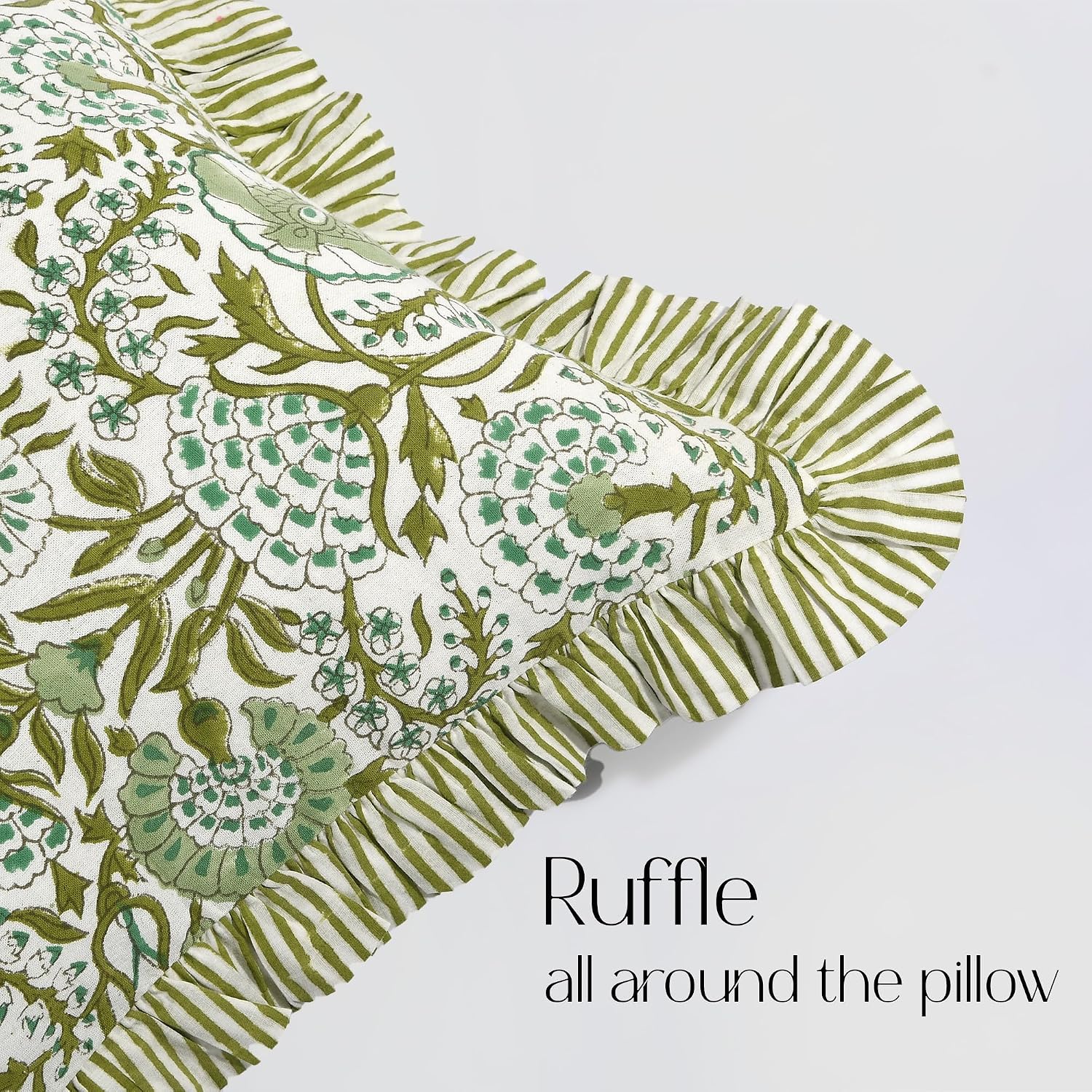 Cottonprintclub CPC Hand Block Print Agate Green Ruffle Sham Pillow Cover 36" x 14" inch Hidden Zipper Decorative Pillowcase for Couch, Bed…