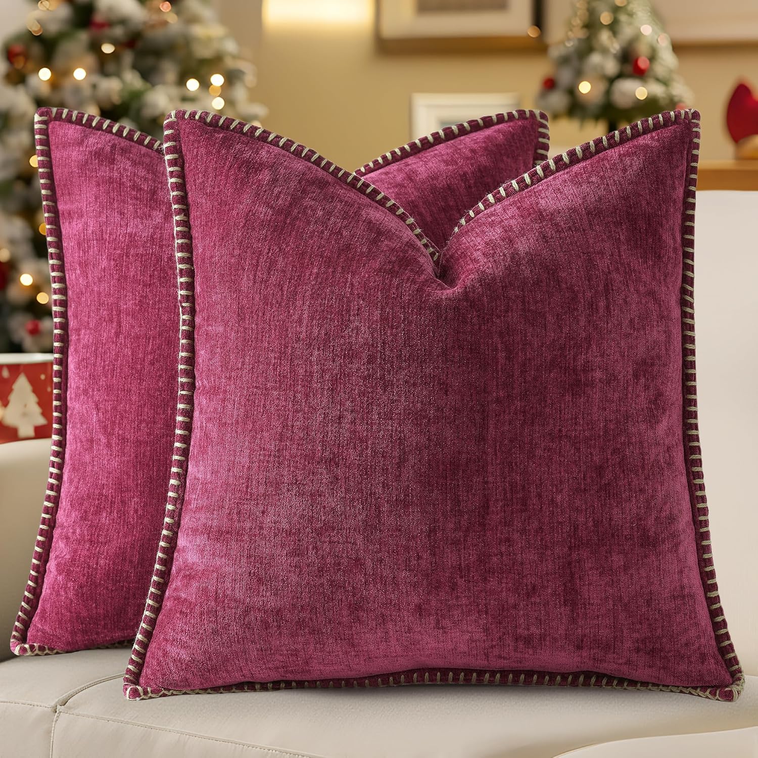 decorUhome Chenille Soft Cozy Throw Pillow Covers 20x20 Set of 2, Modern Farmhouse Boho Velvet Decorative Pillow Cases with Stitched Edge f…