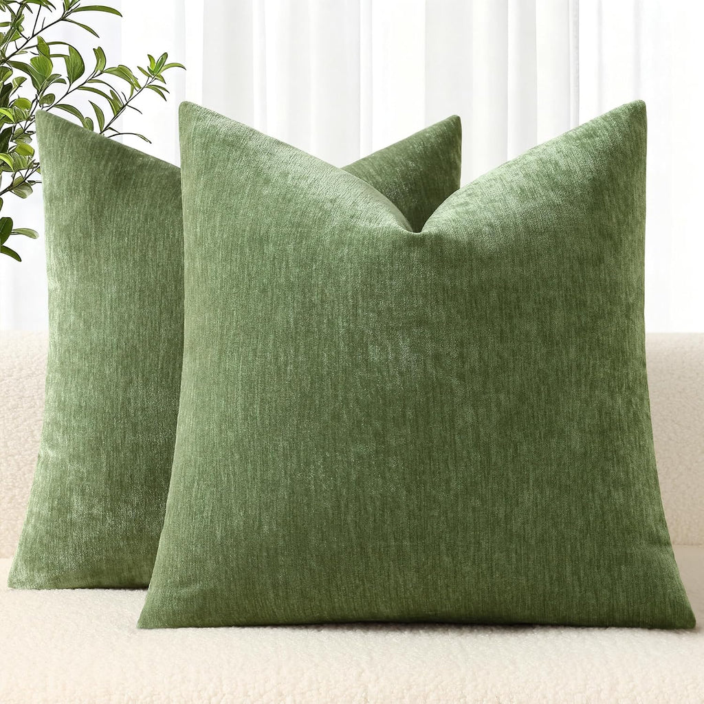 decorUhome Chenille Olive Green Throw Pillow Covers 20x20 Inch Set of 2, Decorative Soft Couch Pillow Covers Solid Dyed Accent Farmhouse Ne…