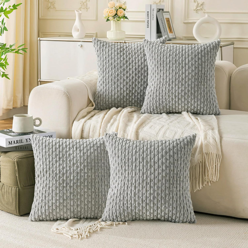 Cozoomy Set of 4 Grey Decorative Throw Pillow Covers 16x16 Inch Corduroy Pillow Covers for Bed Couch Sofa Living Room Soft Square Cushion C…