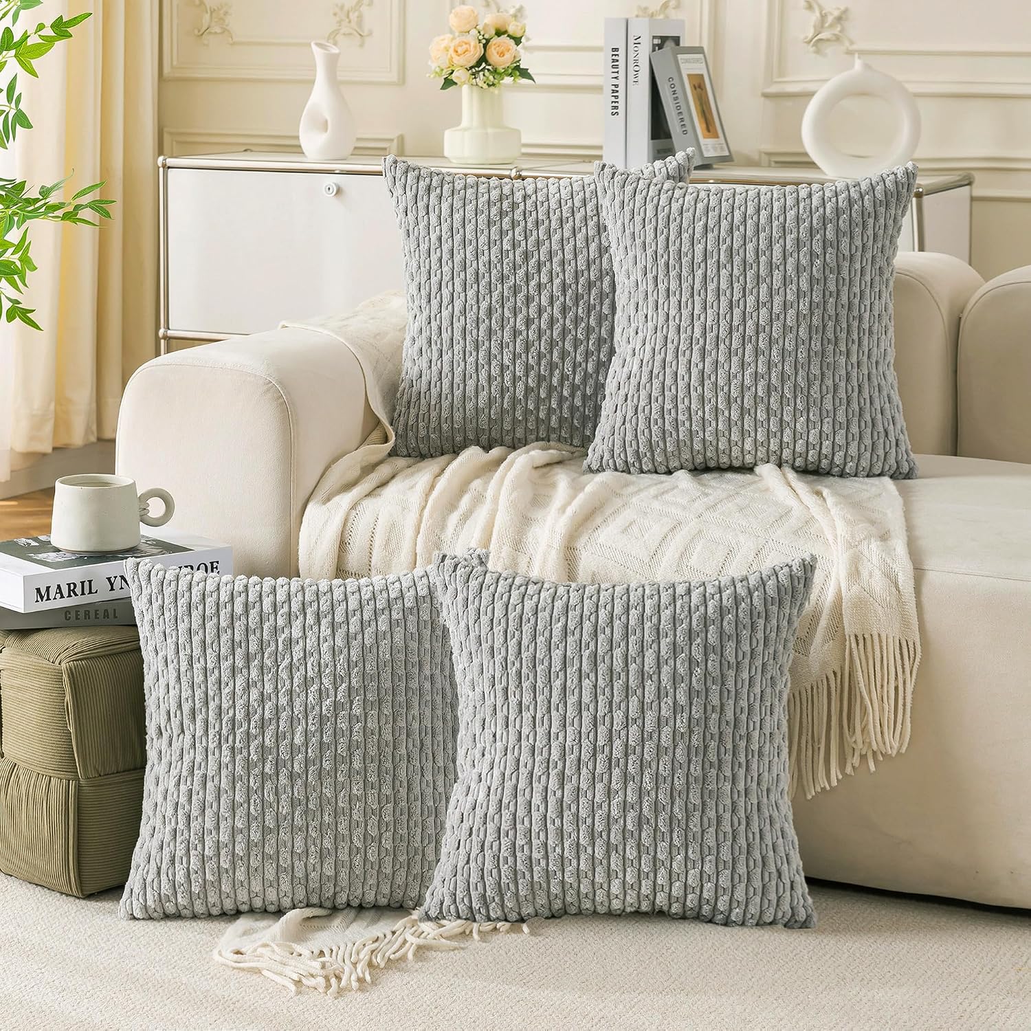 Cozoomy Set of 4 Grey Decorative Throw Pillow Covers 24x24 Inch Corduroy Pillow Covers for Bed Couch Sofa Living Room Soft Square Cushion C…