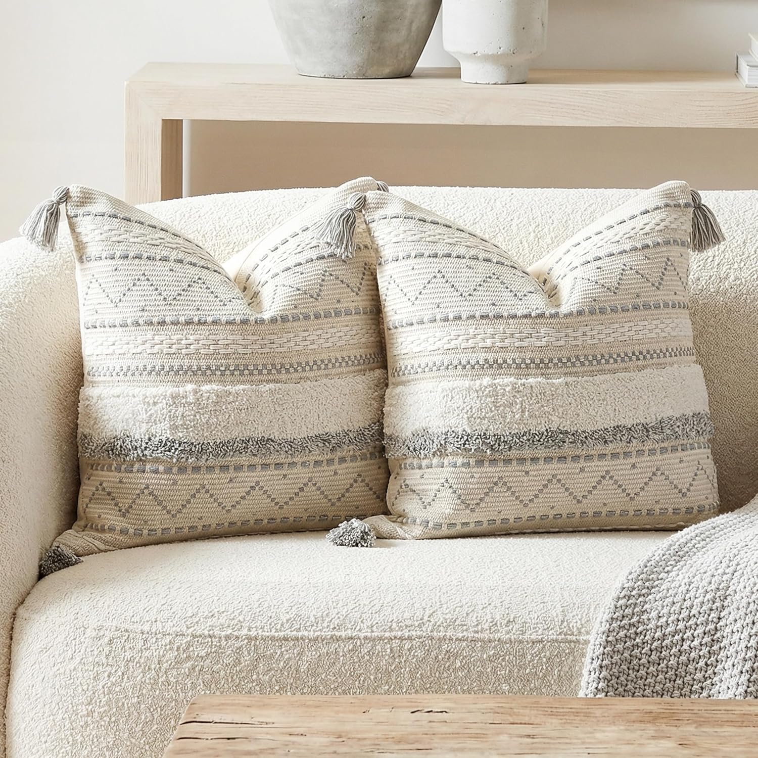 BlissBlush Gray Decorative Throw Pillow Covers 18X18 Combo Set of 2 Square Boho Neutral Grey Accent Pillowcase Tassels Farmhouse Cushion…
