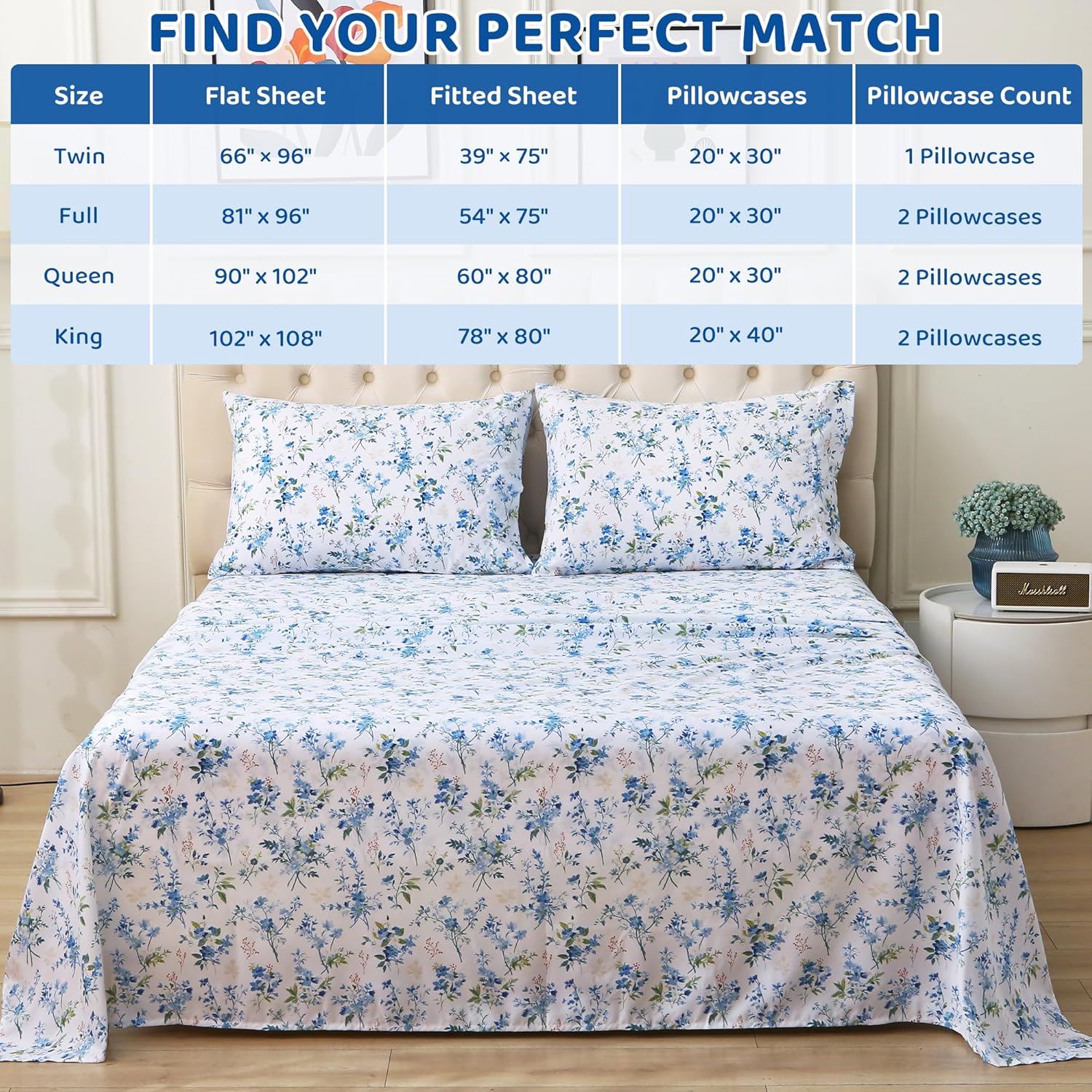 mooreeke Cozy Vintage Microfiber Printed Queen Sheet Set - Soft & Breathable Percale Blue Green Floral Bed Sheets with Extra Deep Pocket -…