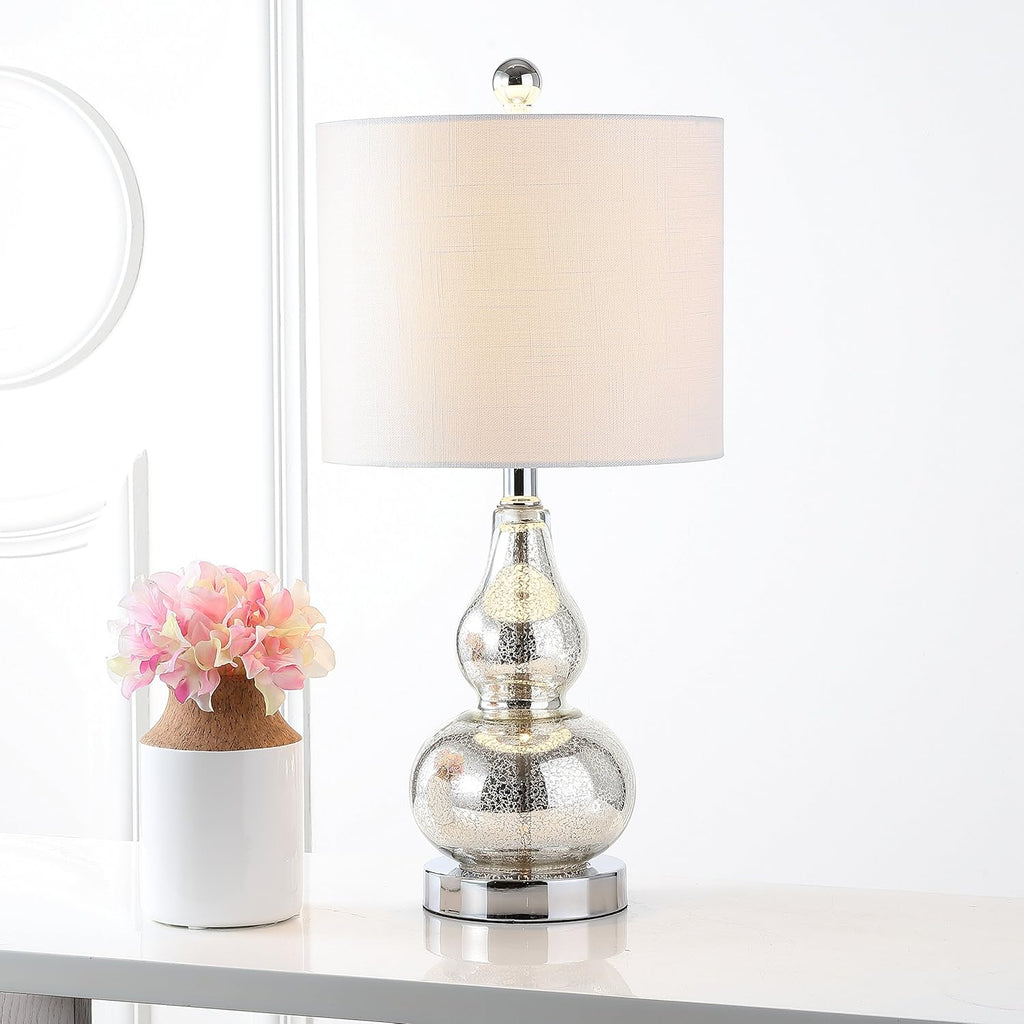 JONATHAN Y 20.5" Mercury Silver Glass Table Lamp, Modern Gourd Bedside Nightstand Lamp for Bedroom, Living Room, White Linen Shade, LED…