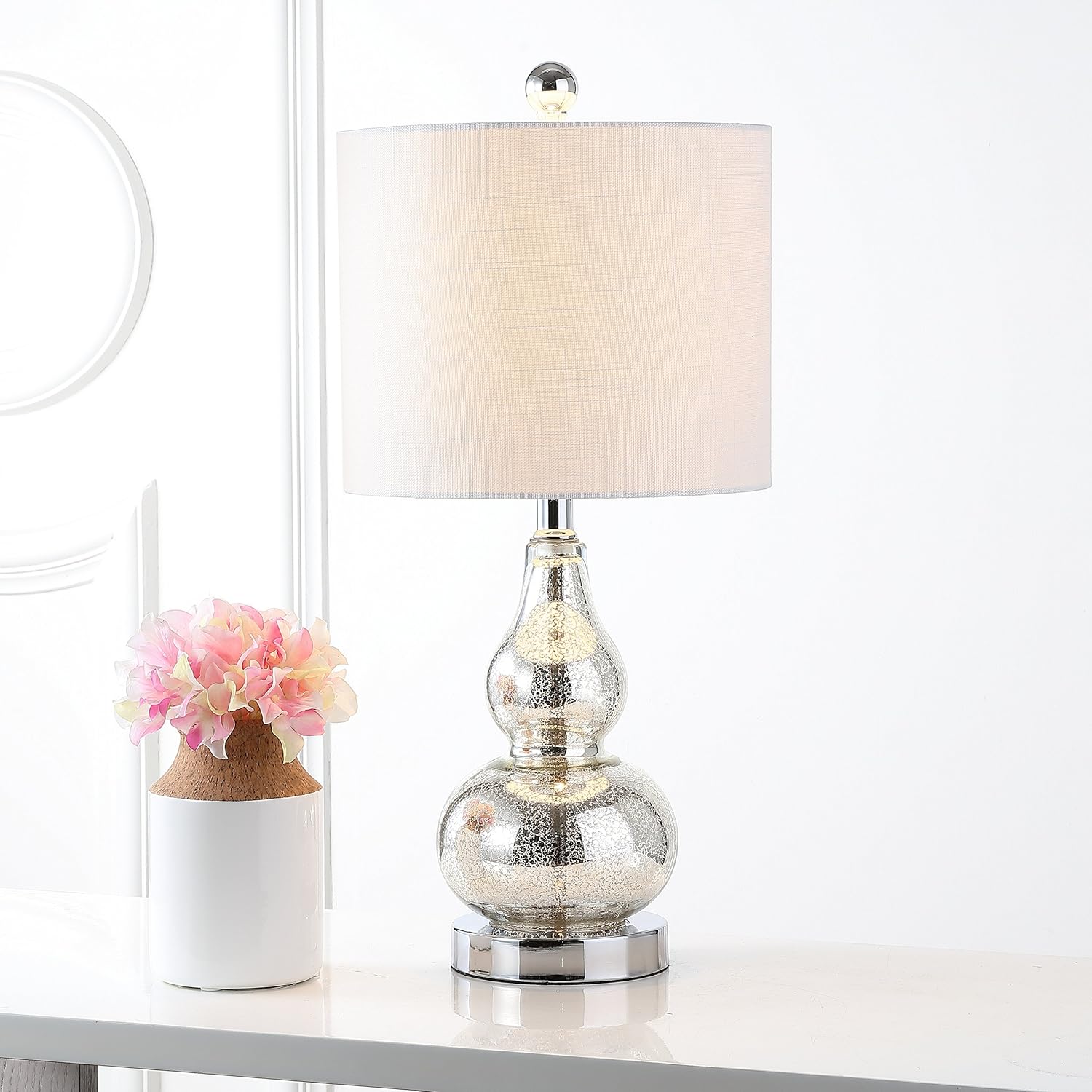 JONATHAN Y 20.5" Mercury Silver Glass Table Lamp, Modern Gourd Bedside Nightstand Lamp for Bedroom, Living Room, White Linen Shade, LED…