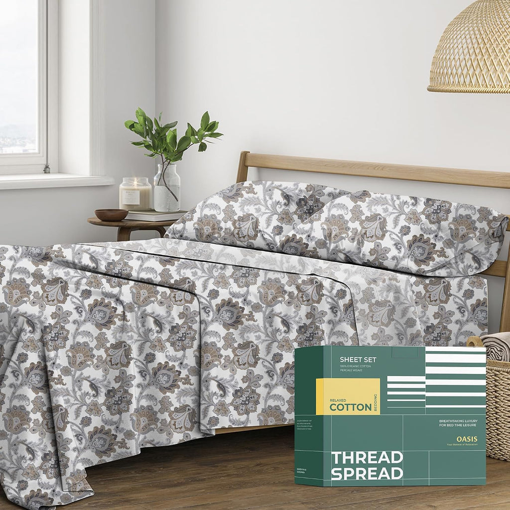 THREAD SPREAD 100% Organic Cotton Sheets Twin Size - Organic Cotton Twin Percale Weave Sheet Set (3 PC, Floral Ivory), Soft, Cooling…