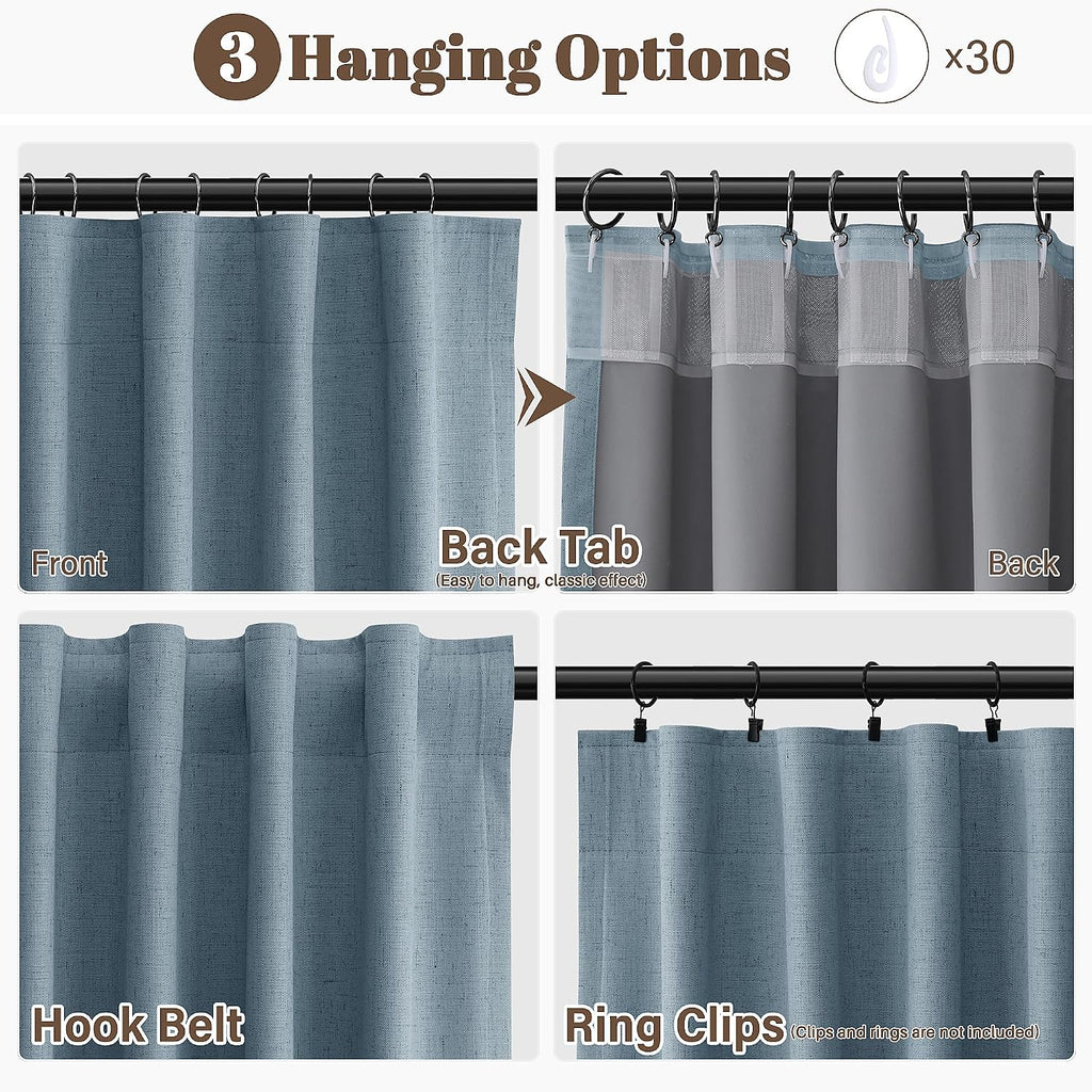 Guken Blue Linen 100% Room Darkening Curtains 120 Inches Long for Bedroom Farmhouse Hook Belt Back Tab Black Out Privacy Patio Curtain for…
