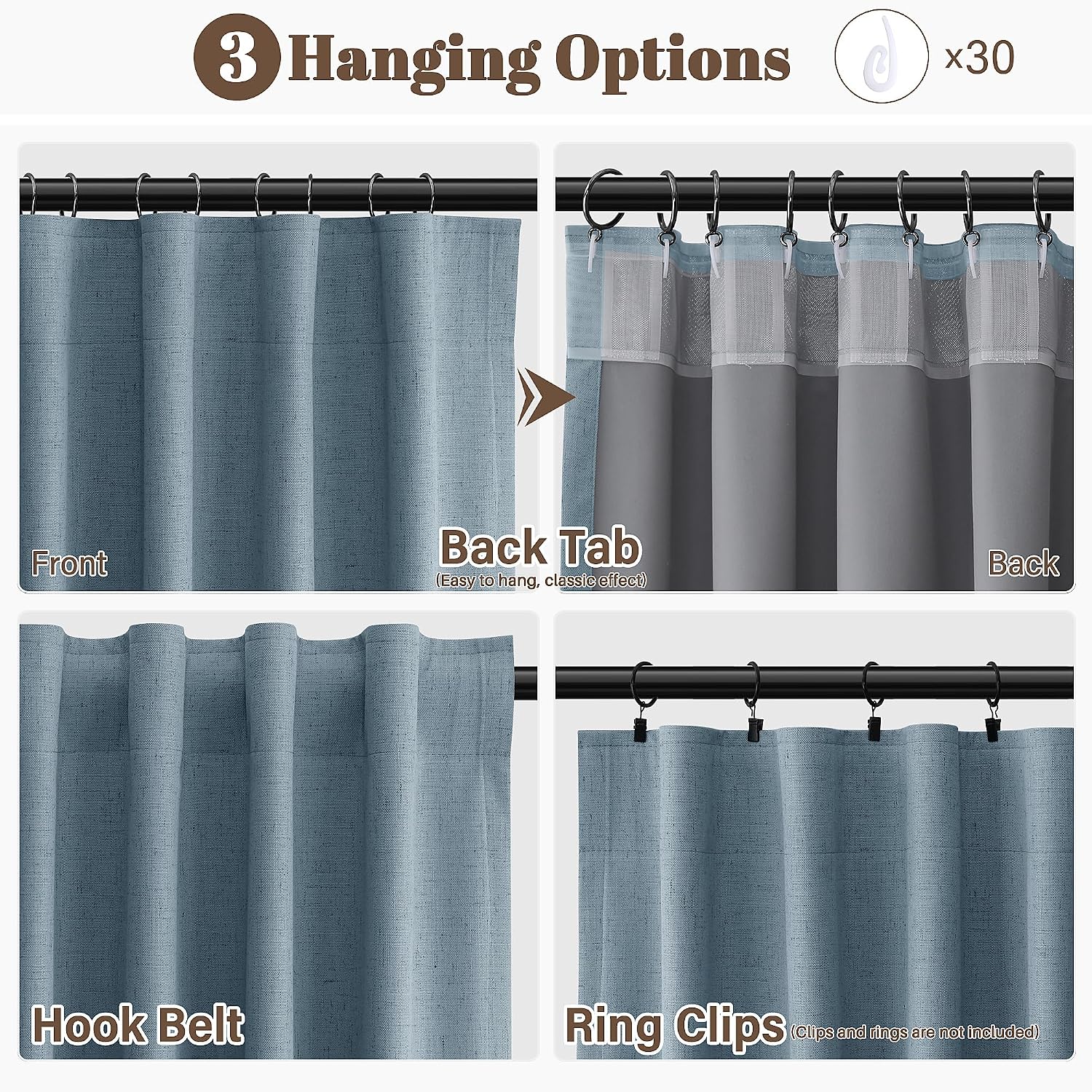 Guken Blue Linen 100% Room Darkening Curtains 120 Inches Long for Bedroom Farmhouse Hook Belt Back Tab Black Out Privacy Patio Curtain for…