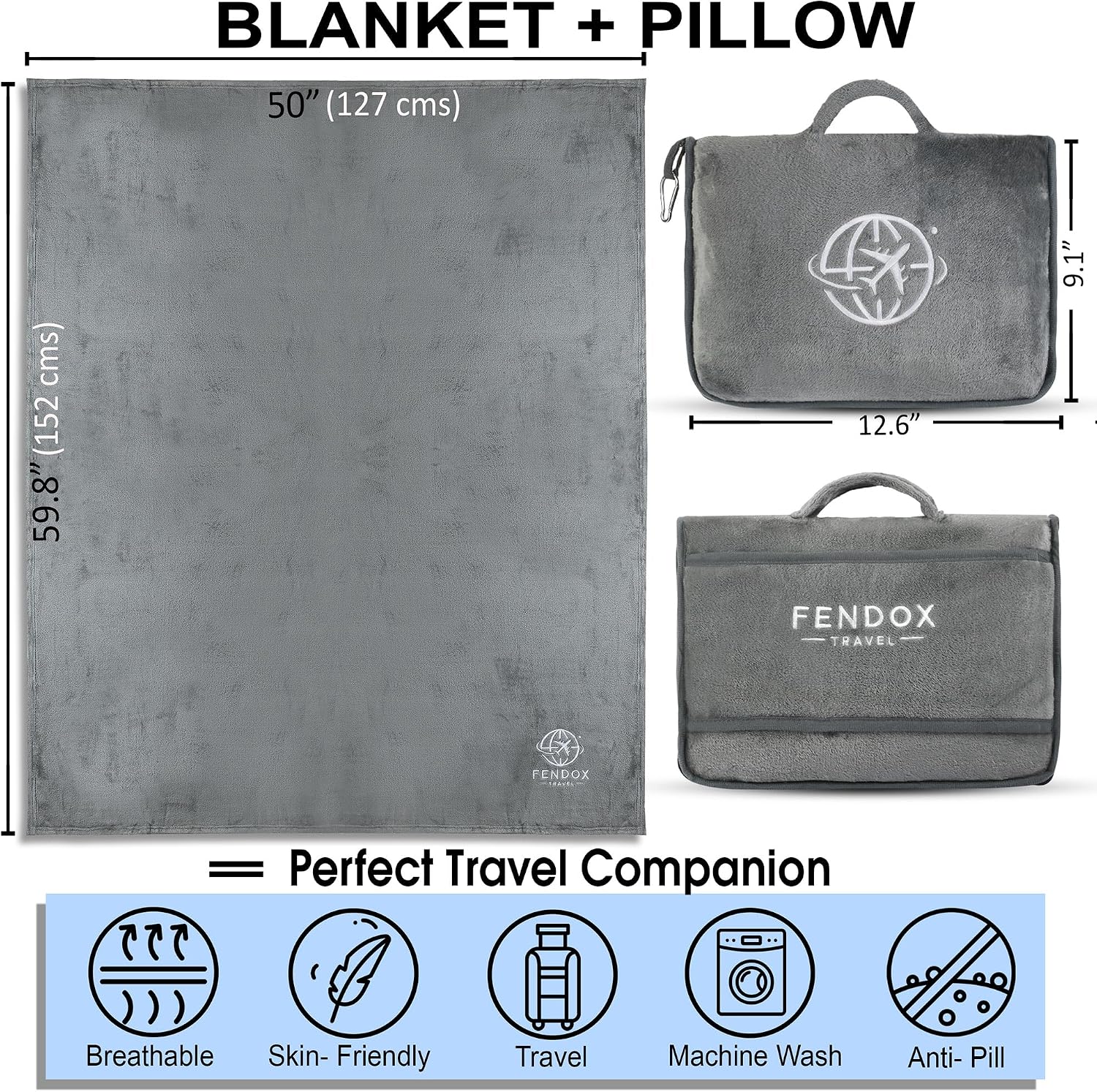 2-in-1 Travel Blanket and Pillow – Lightweight, Compact, Ultra Soft, Machine Washable – Handle, Luggage Sleeve, Backpack Clip – for…