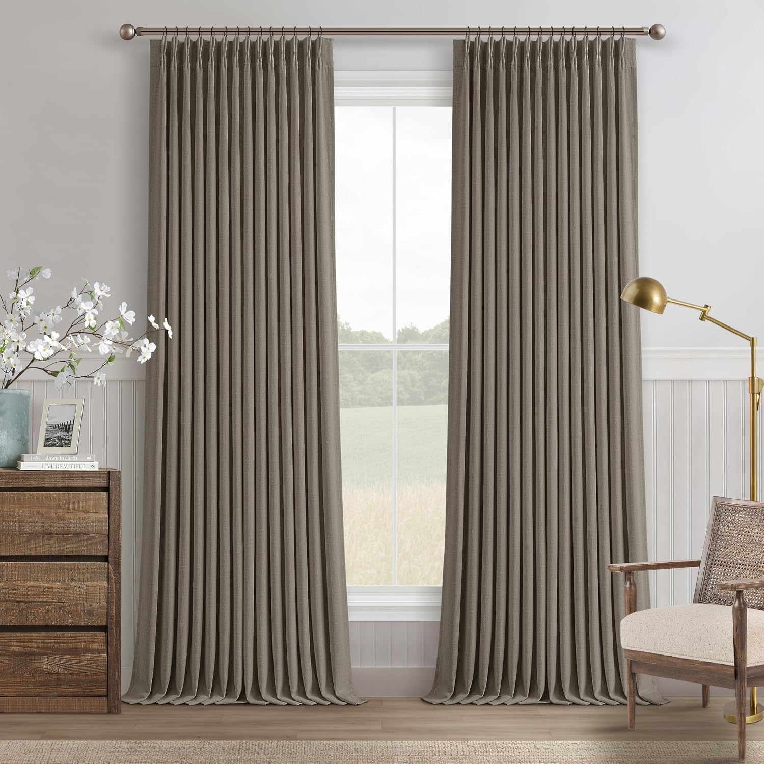 Twodrapes Dark Taupe 96 Inch Blackout Pinch Pleated Curtains 2 Panel Set for Living Room Darkening Thick Linen Textured 100% Black Out Drap…