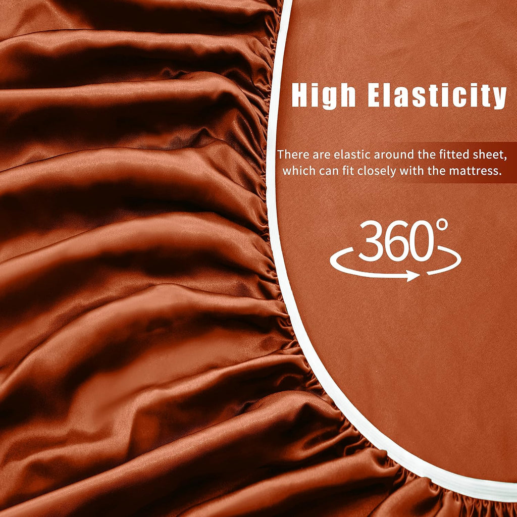 VACVELT 4pcs Rust Orange Satin Sheets King Size Bed Set, 15 Inch Deep Pocket Silky Satin Sheet Set, Soft Satin Bedding Set Cooling &…