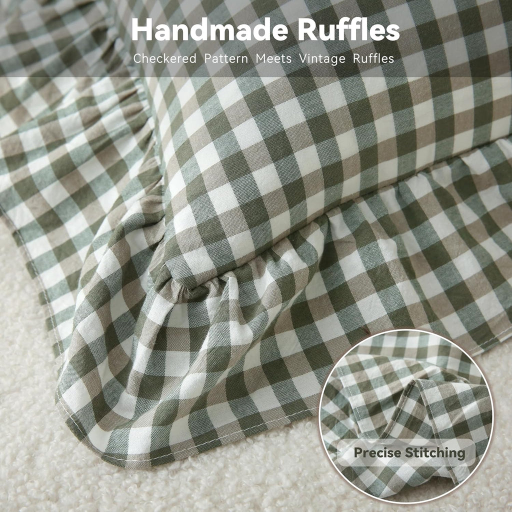 Jilboo Gingham Pillow Covers (2 Pack) - 22 x22 Inches Sage Green/White Plaid, 100% Washed Cotton Vintage Ruffle Decorative Throw Pillowcase…