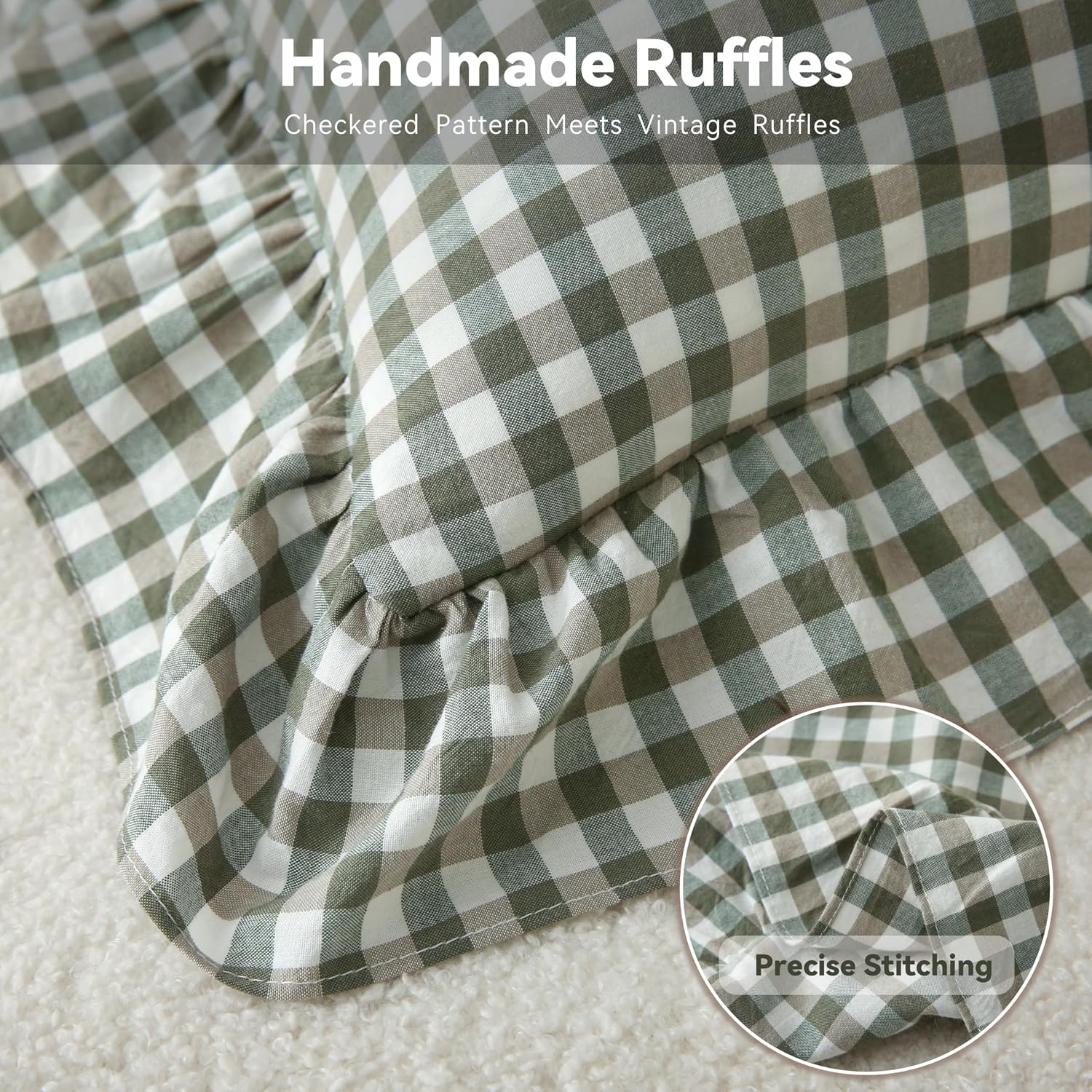 Jilboo 2 Pack 20x20 Inches Sage Green/White Checkered Throw Pillow Covers 100% Washed Cotton Vintage Ruffle Trim Decorative Gingham Pillowc…