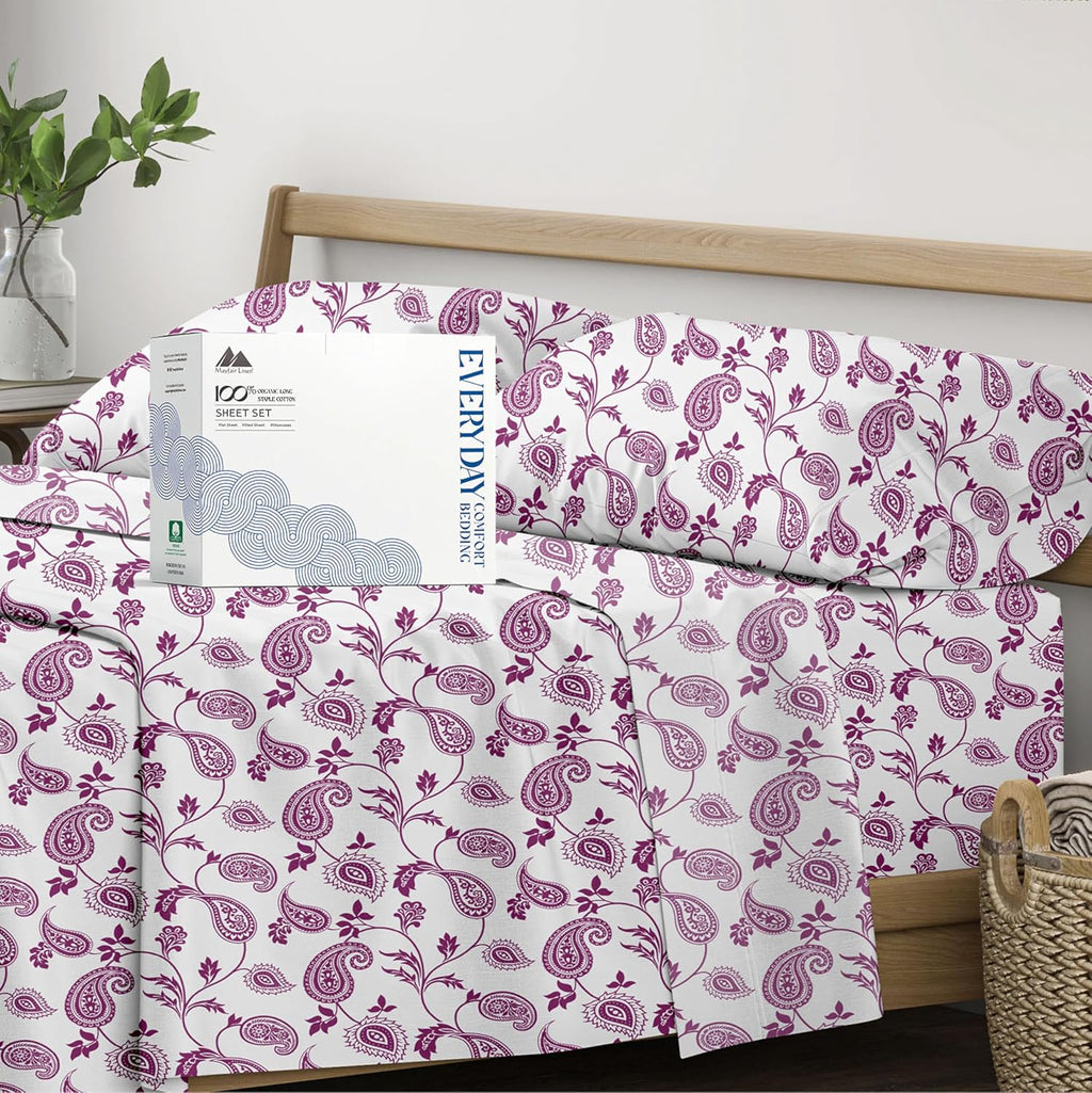 Mayfair Linen 100% Organic Cotton Printed Sheets Queen Size - Percale Weave Cotton Queen Size Sheet Set (4 PC, Paisley), Soft & Crisp…