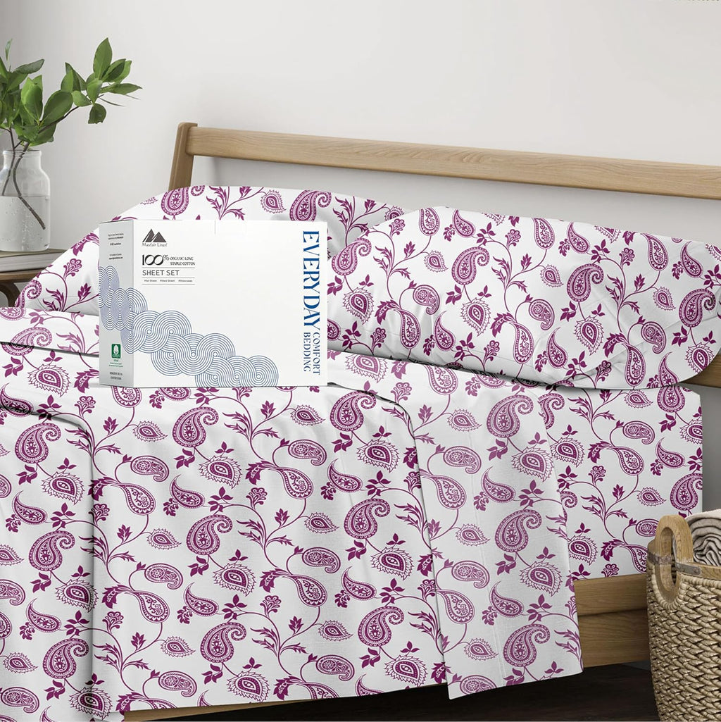 Mayfair Linen 100% Organic Cotton Printed Sheets California King Size - Percale Weave Cotton Cal King Size Sheet Set (4 PC, Paisley)…