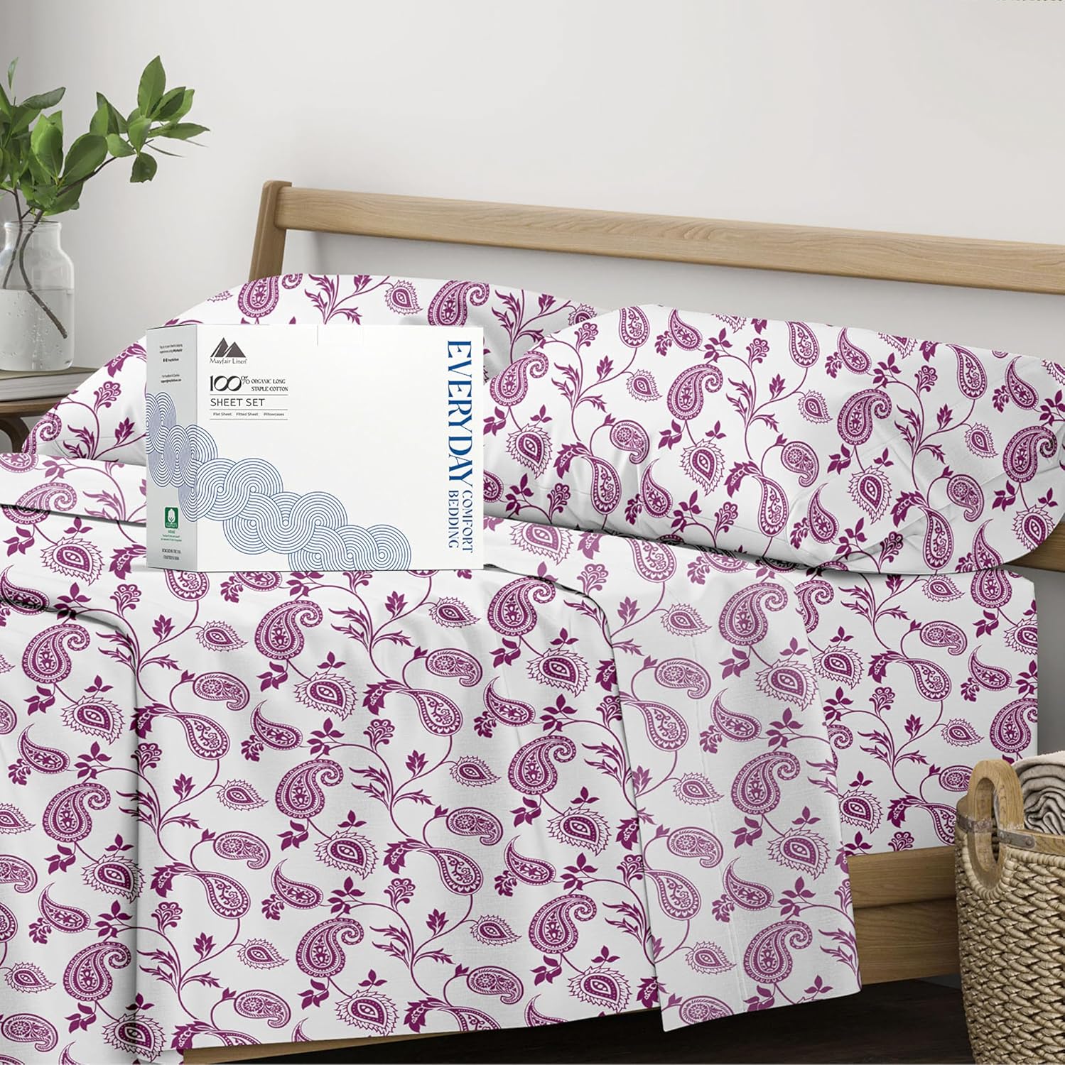 Mayfair Linen 100% Organic Cotton Printed Sheets California King Size - Percale Weave Cotton Cal King Size Sheet Set (4 PC, Paisley)…