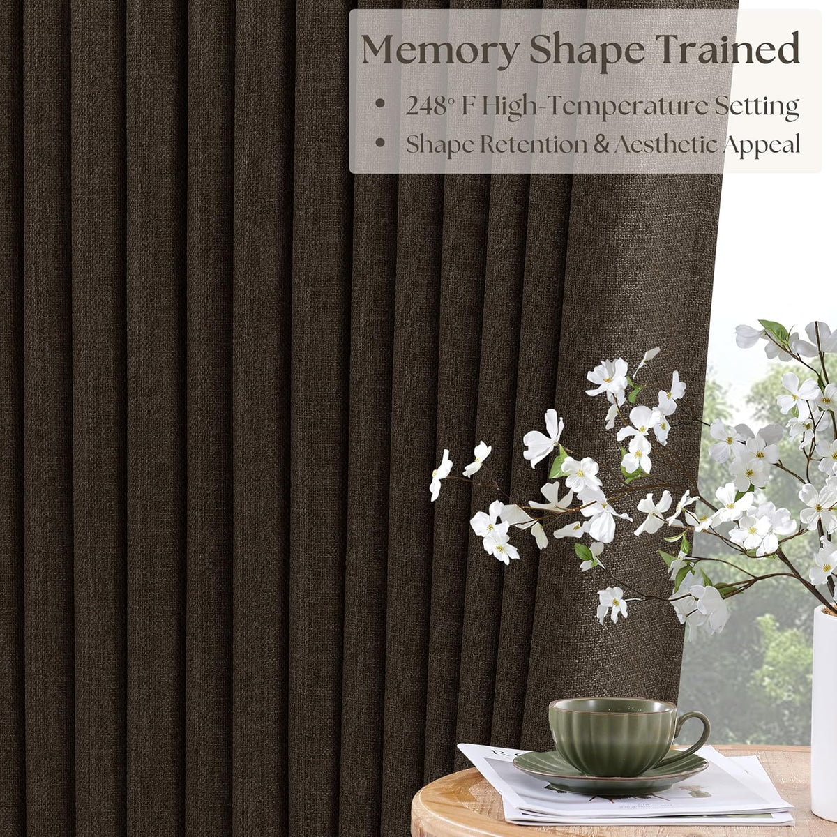 Twodrapes Dark Chocolate 100 Inch Linen Pleated Blackout Long Curtains for Living Room Memory Trained Dual Layer Heavy Burlap Curtain Sound…