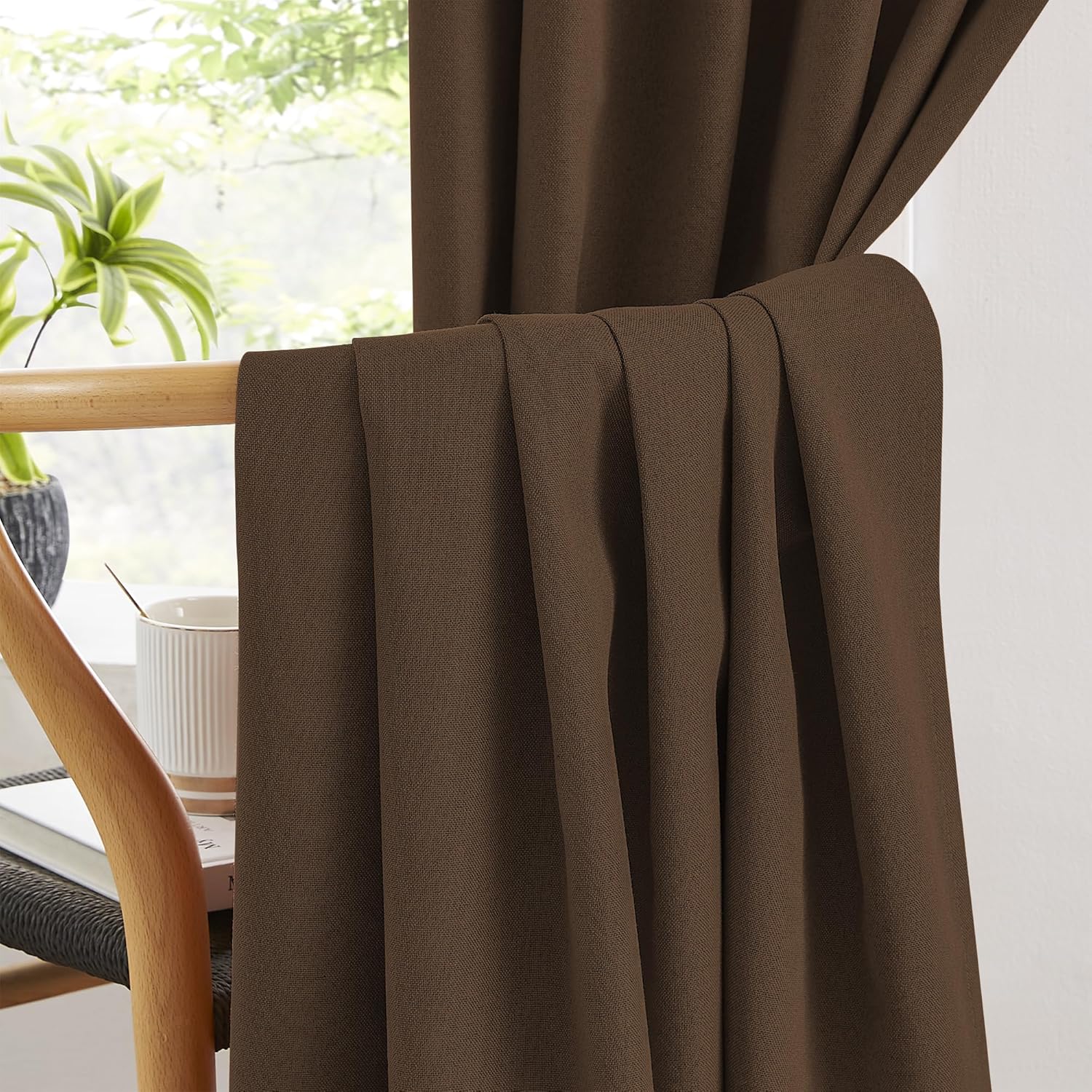 Keqiaosuocai Brown Linen Blackout Thick Curtains 96 Inch Long for Bedroom Living Room, 100% Black Out Heavy-Duty Curtain Drapes Chocolate B…