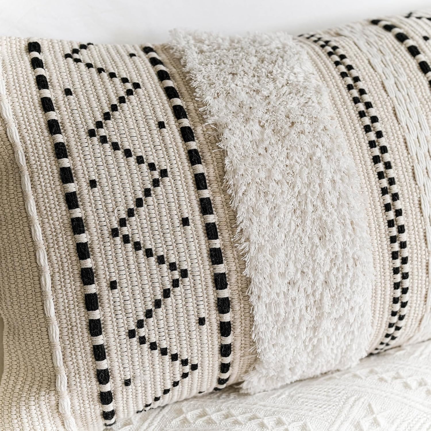 BlissBlush 12x20 Lumbar Pillow Cover, Cream Neutral Rectangular Decorative Cushion Cover with Black Pattern, Cotton Boho Accent…