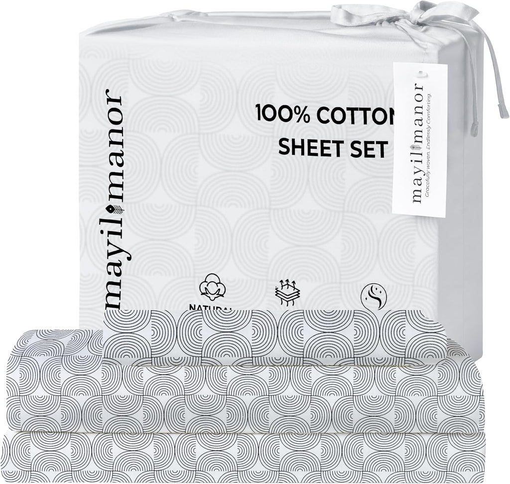 Twin Fitted Sheet with 18" Deep Pockets, Flat Sheet - Percale Weave Natural - Breathable 100% Cotton Bedding, 1 Fitted Sheet + 1 Flat…
