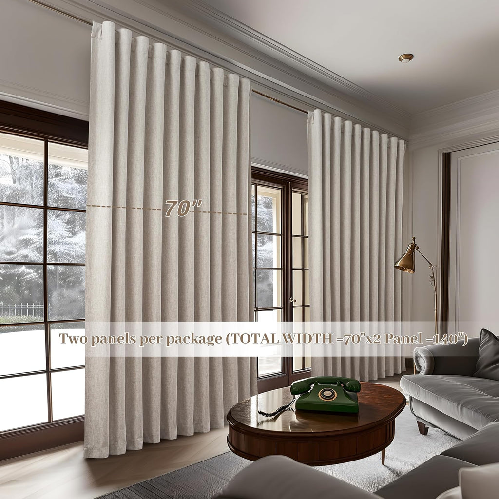 Qjmydeco Blackout Curtains 70 Inches Extra Wide Natural Linen Curtains 84 Inch Length for Living Room, Pleated Farmhouse Bedroom Thermal Dr…