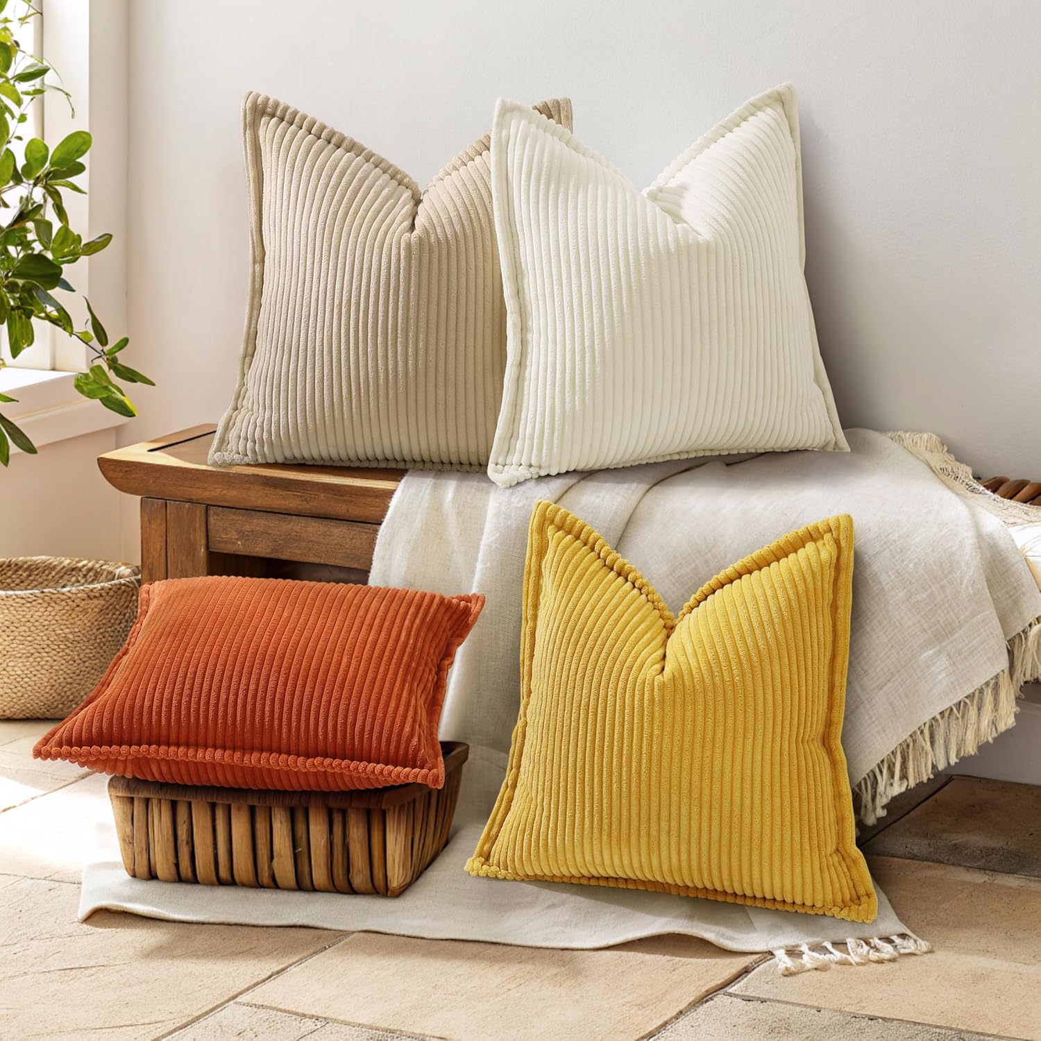 decorUhome Summer Corduroy Cream White Euro Sham Throw Pillow Covers 26x26 Set of 2 Decorative Soft Boho Farmhouse Couch Pillow Covers for…