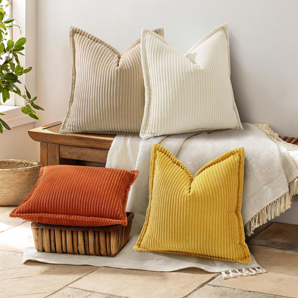 decorUhome Summer Corduroy Cream White Euro Sham Throw Pillow Covers 22x22 Set of 2 Decorative Soft Boho Farmhouse Couch Pillow Covers for…
