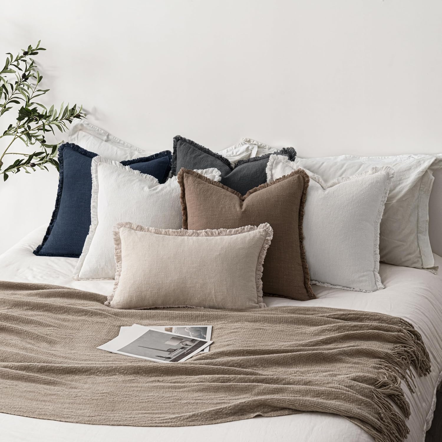 Anroduo Set of 2 Decorative Throw Pillow Covers 24×24 Inch Soft Linen Fringe Farmhouse Boho Vintage Cushion Covers with Tassels Accent Pill…