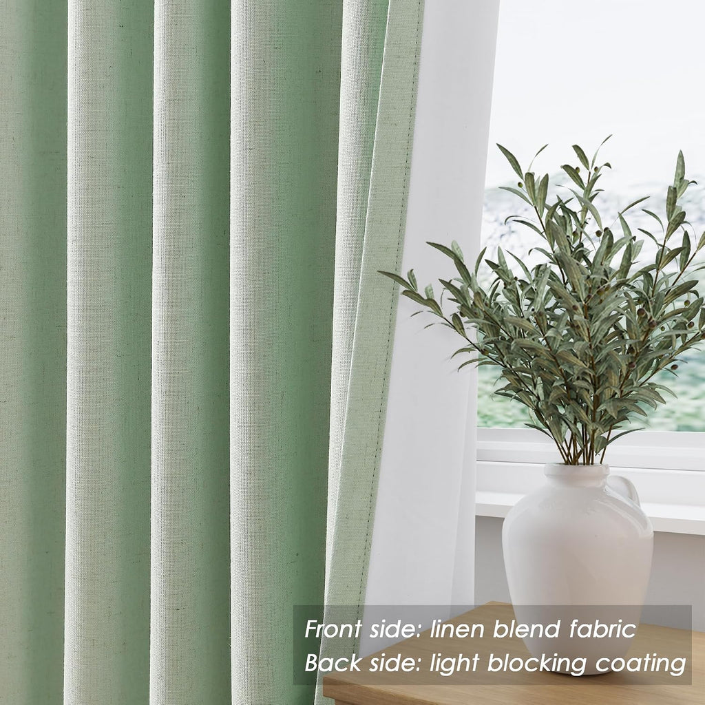 Nanspring Aqua Green 100% Blackout Linen Curtains for Bedroom 108 Inches Long Back Tab Rod Pocket Thermal Insulated Acoustic Panels Black o…