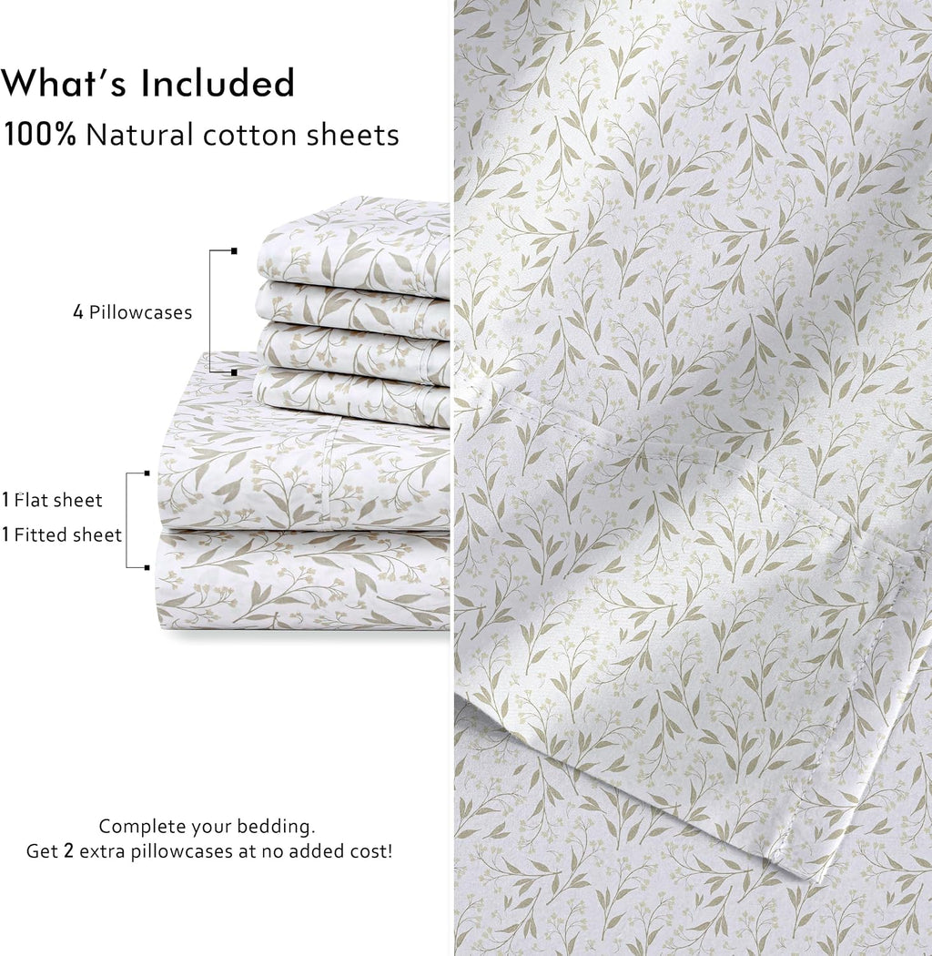 Ruvanti 100% Cotton Percale Sheets Queen Size 6 Piece Set, Cooling Bed Sheets for Hot Sleepers, Deep Pocket 16”, Breathable Lightweight & D…
