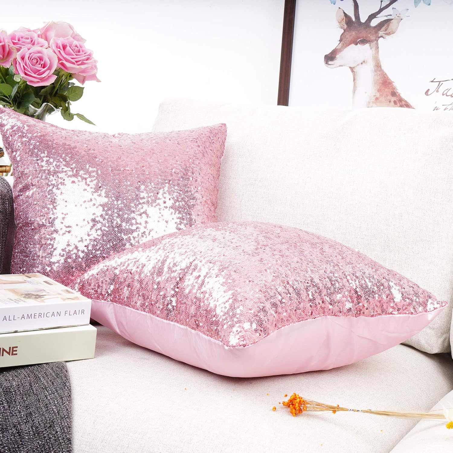 YOUR SMILE Pack of 2 New Luxury Series Pink Bling Decorative Glitzy Sequin & Comfy Satin Solid Throw Pillow Cover Cushion Case for…