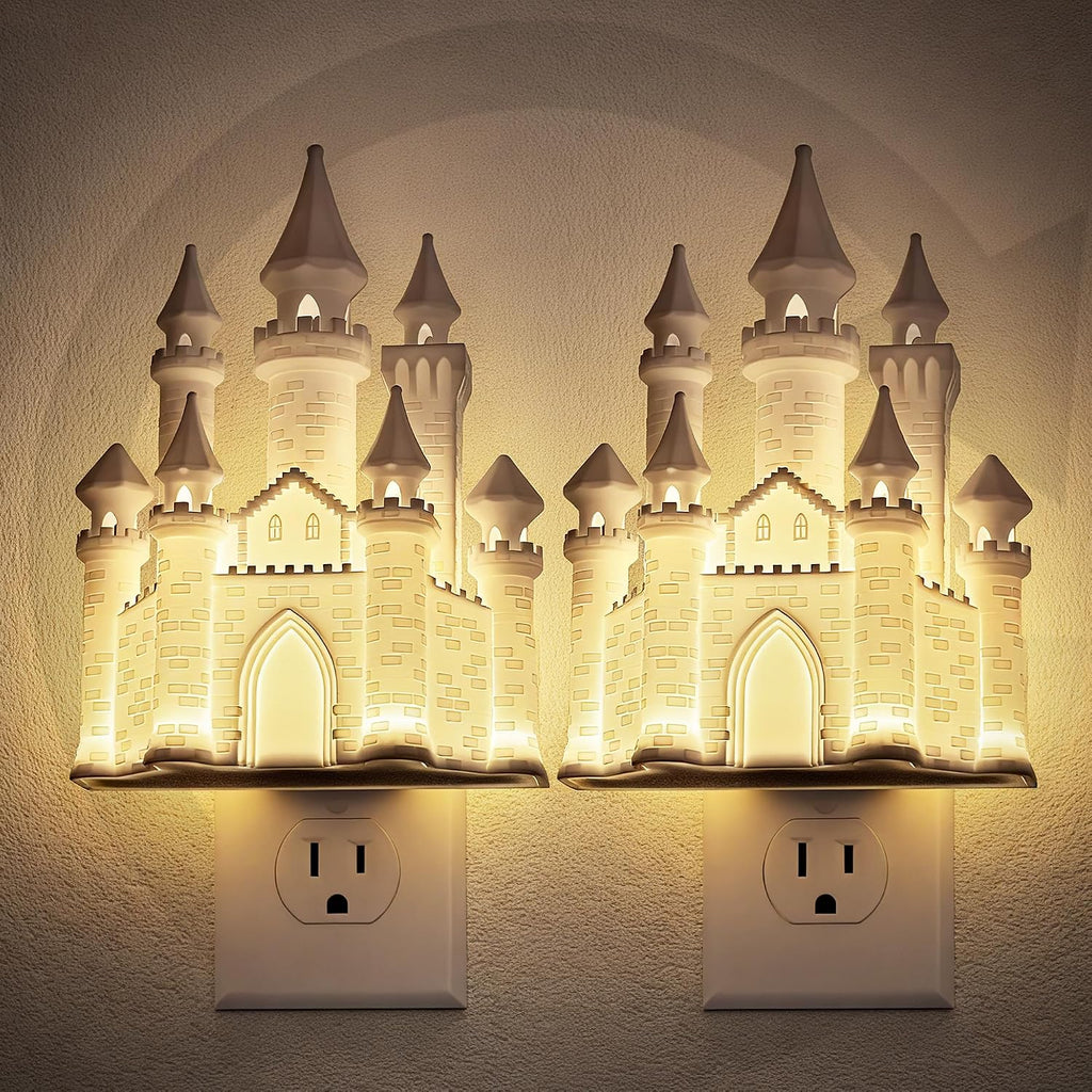 JandCase Night Lights Plug into Wall,2 Pack 3D Printed Castle Night Light,3000K Plug in Nightlight with Dusk to Dawn Sensor,0-100LM…