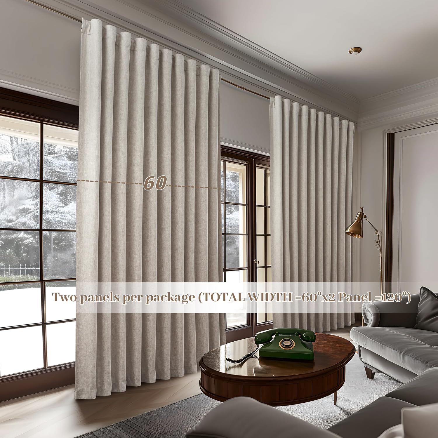 Qjmydeco Curtains 60 Inch Length Wide Pleated Blackout Curtain for Sliding Glass Door/Living Room, Farmhouse Natural Linen Thick Boho Bedro…