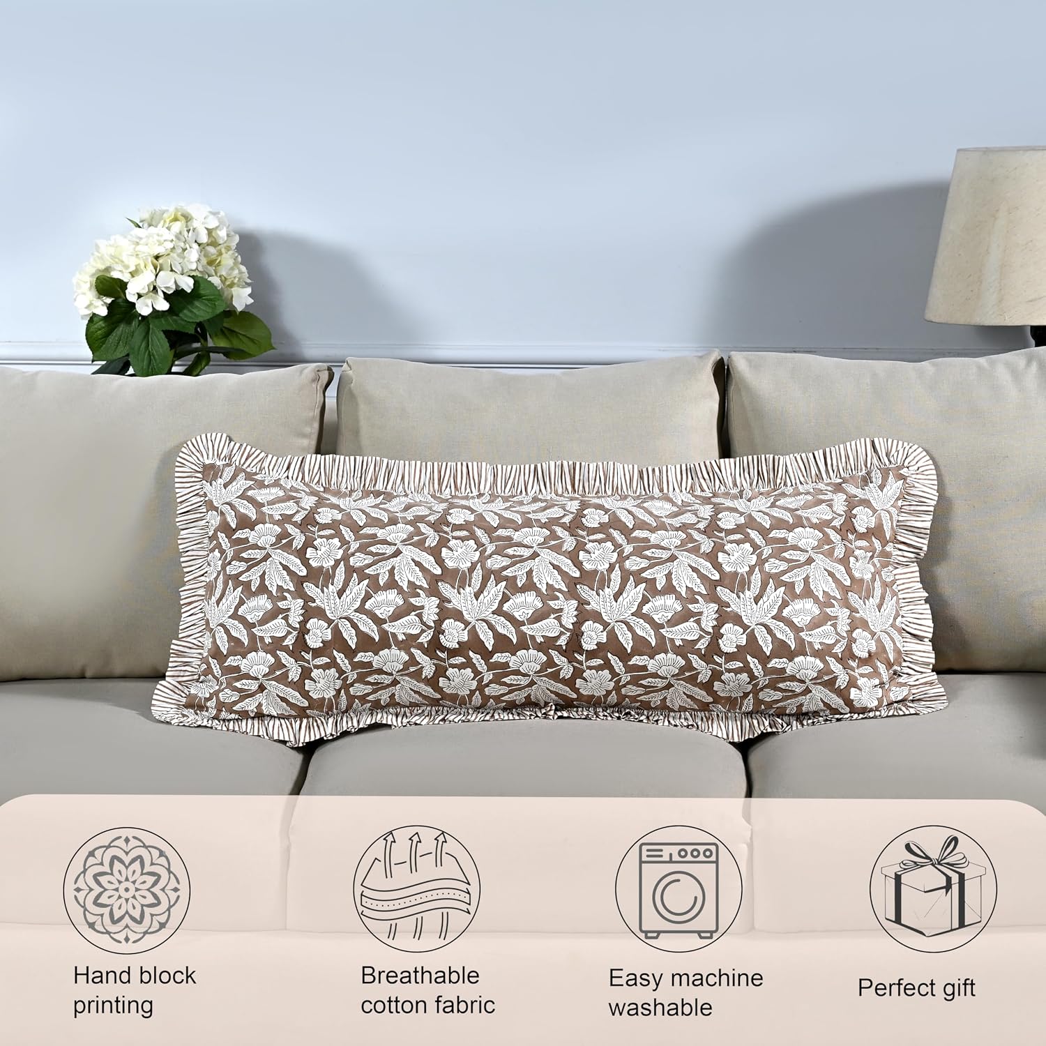Ridhi Block Print Oak Brown 36"x14" Set 1-100% Cotton Ruffle Lumbar Sham Cover Boho Floral Pillowcase, Farmhouse Cottagecore Bedding…