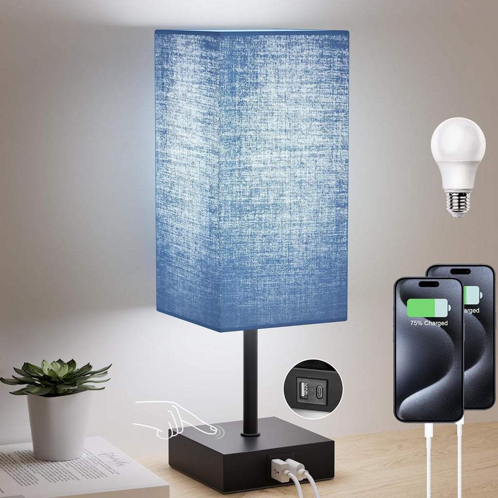 Bedside Table Lamp for Bedroom, 3 Way Dimmable Touch Lamp with USB C+A Charging Ports, Small Nightand Lamps for Bedroom Decor, Living…